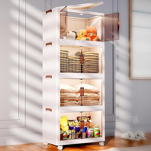 SOMINS Contenedor de almacenamiento plegable con tapa, paquete de 4 unidades, 18 galones de plástico, apilables, con ruedas, cierre magnético,