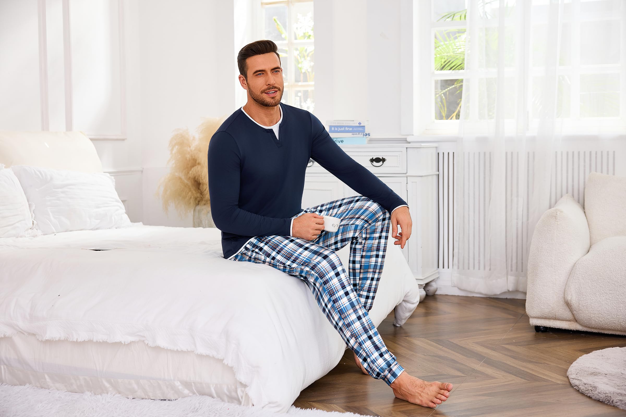 Jahetuul Pigiama Uomo Invernale Caldo Cotone Lungo Pigiami Due Pezzi da Uomo Maniche Lunghe Top con Design a Colletto Multistrato Lunghi Pantaloni con Tasche e Coulisse