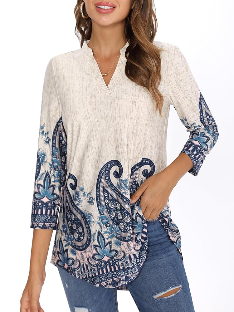 BAISHENGGT Womens Tunics Notch V Neck Tops 3/4 Sleeve Work