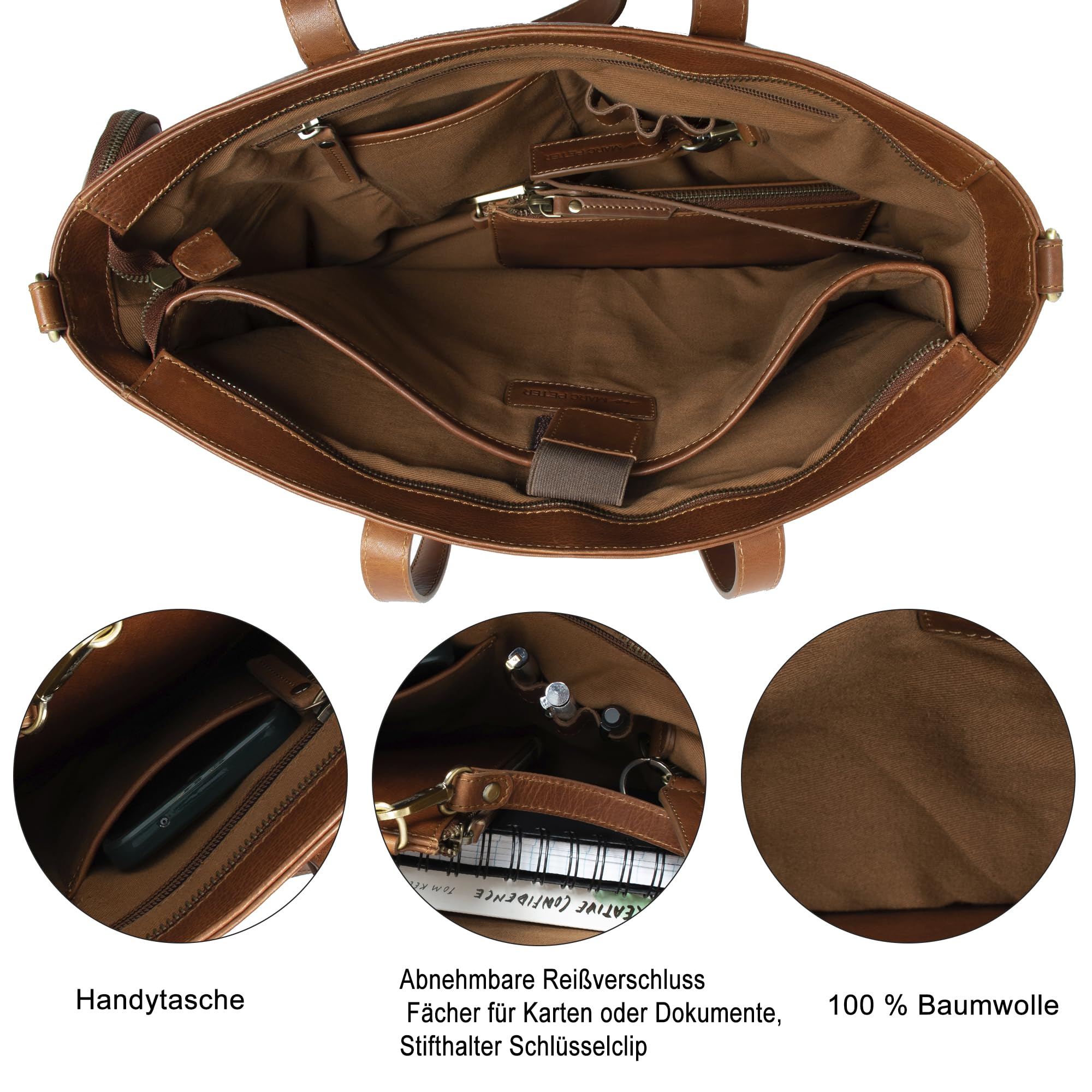 Marc Peter® Vintage Arbeitstasche Sarah, Große Umhängetasche aus Leder, Schultertasche mit 14" Laptopfach, Handtasche für Damen