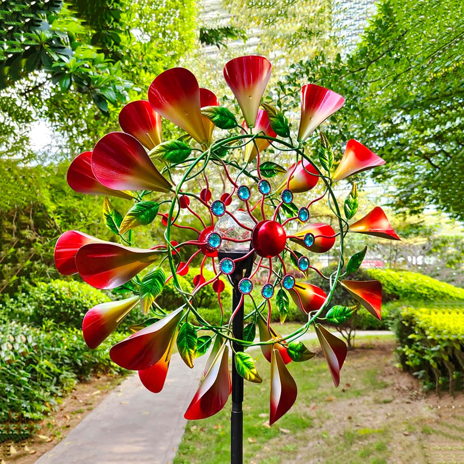 83in Garden Wind Spinners Outdoor Wind Spinner Dual Direction Solar Windmill Light