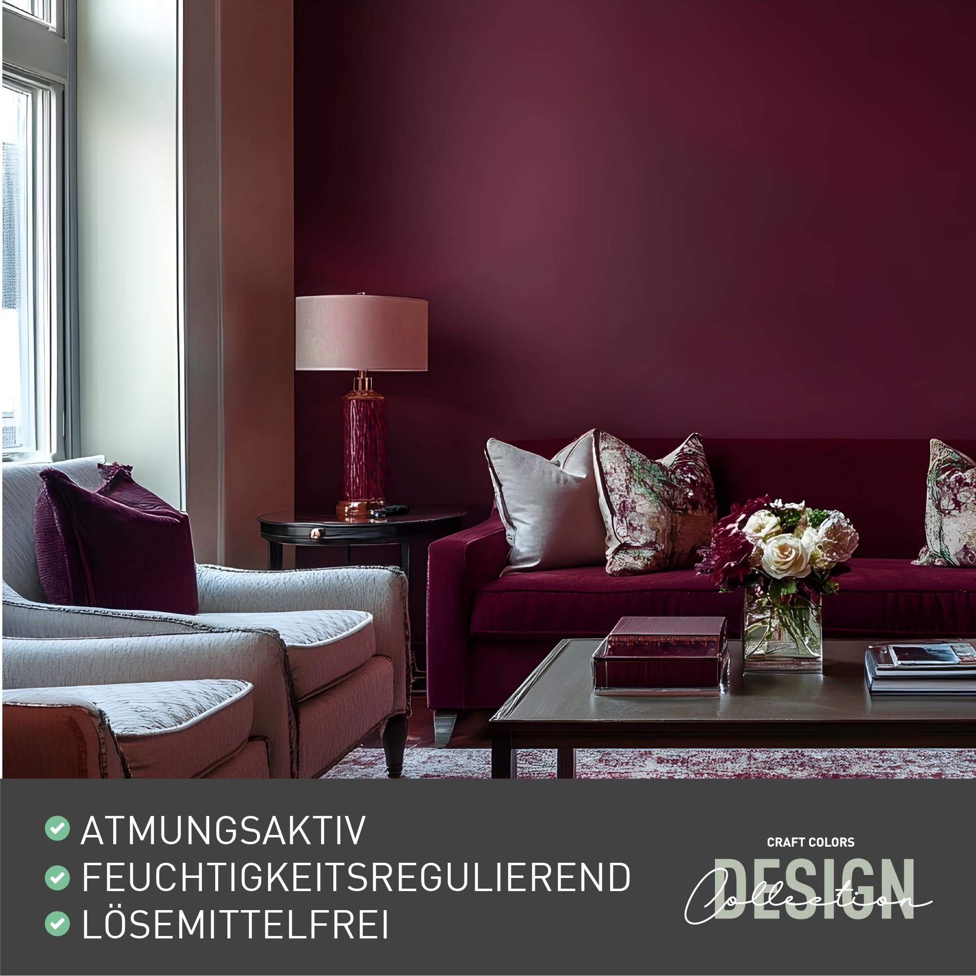 Craft Colors® 5L hochwertige Wandfarbe edelmatt, Kreidefarbe made in Germany, DESIGN Collection No. 492 Weinrot