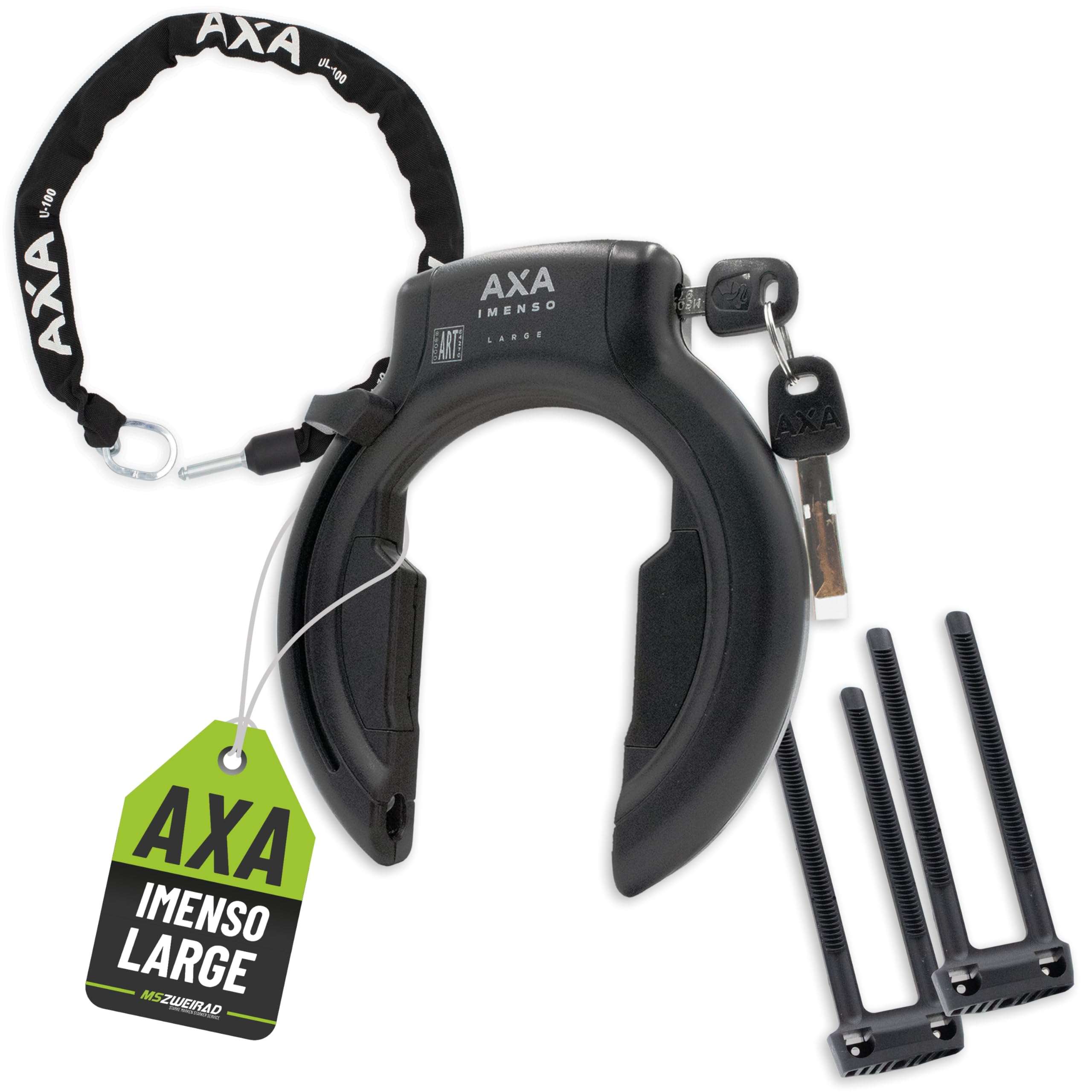 Axa Rahmenschloss Imenso Large 75mm abziehbar/nicht abziebar + Kette wählbar + MSZweirad Befestigungsmaterial (Schloss (Schlüssel nicht abziehbar), Kette ULC 100/5,5)