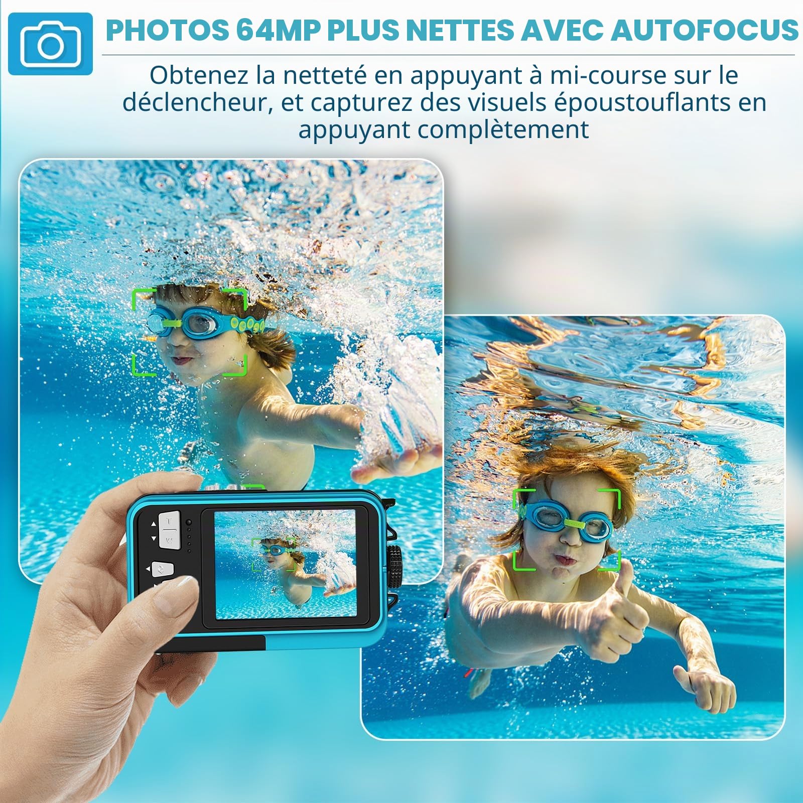 Appareil Photo Etanche 64MP avec Carte 64GB, Camera Etanche 4K avec Autofocus Et Double Écran Selfie, Appareil Photo Etanche Numérique 5 Mètres, Caméra Enfants Snorkeling (2 Batteries)