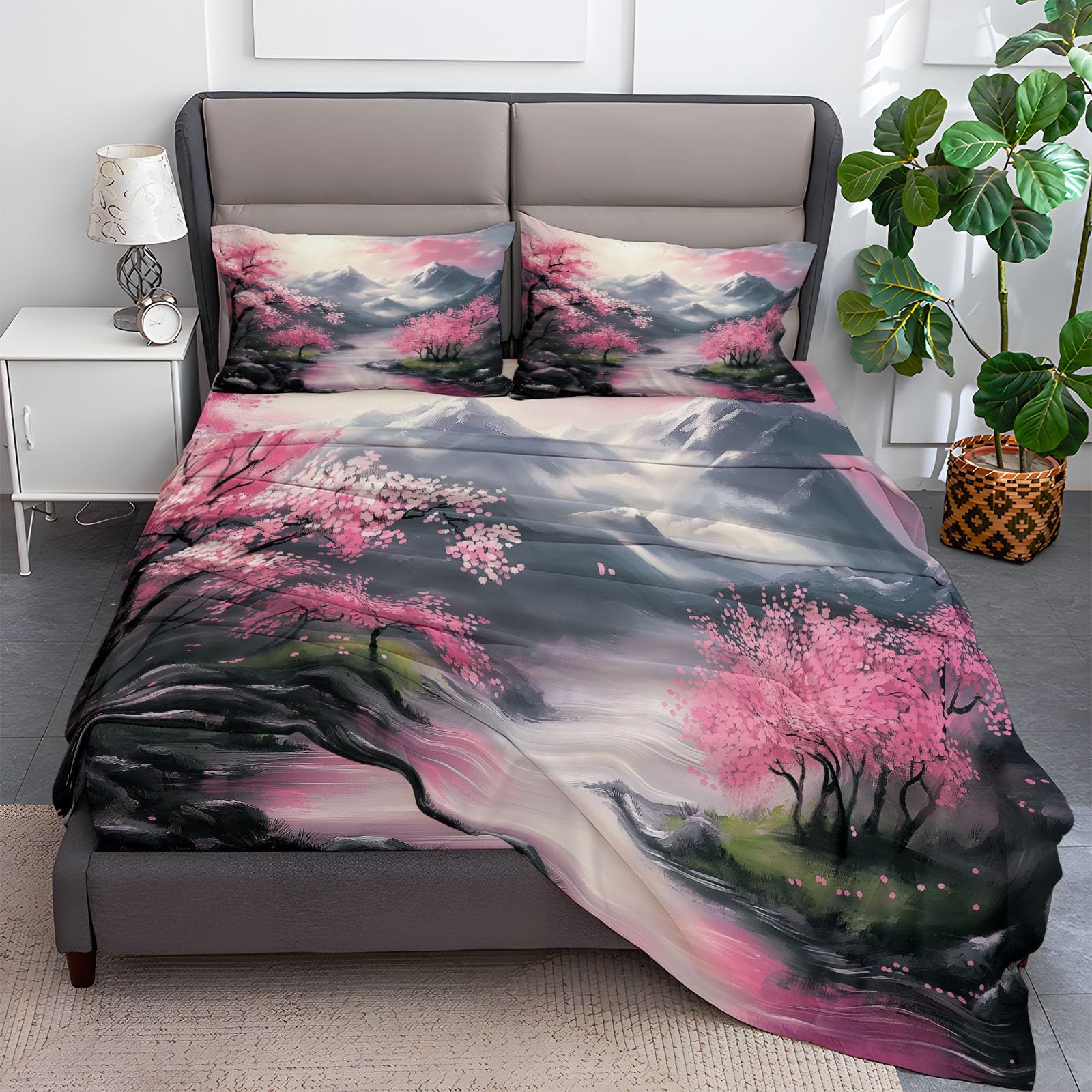 Fitted Sheet Twin Size Bedding Set for Kids Girls Women Men Room Decor, Soft Microfiber & Deep Pocket & Wrinkle Free Japanese Traditional Landscape Bedding Sheets, Pink