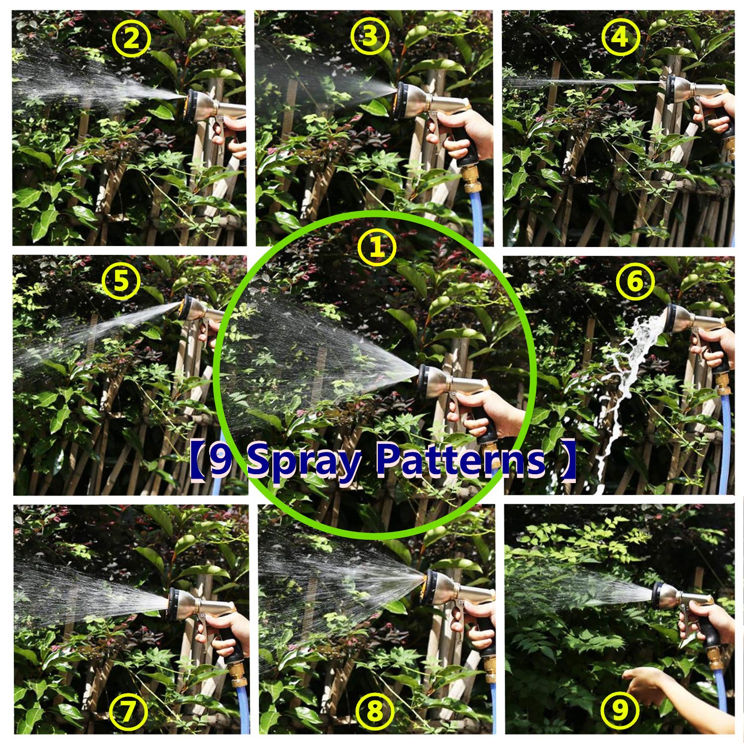 Métal Pistolet Arrosoir, Tuyau d'arrosage Flexible Rétractable, connecteur en Laiton Plein, 9 Fonctions Pistolet, Flexible pour Irrigation, Inclure la vanne d'arrêt（25FT - Contraction 7.6FT）