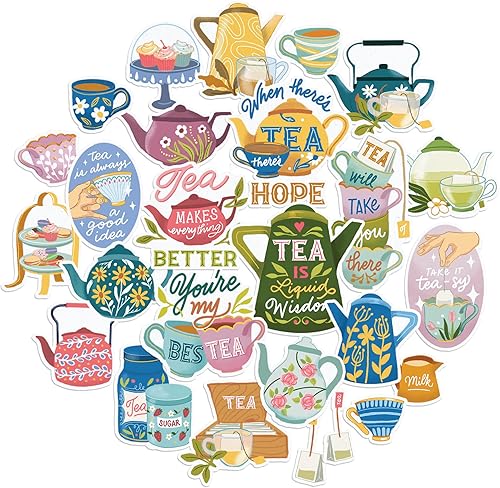 Navy Peony Calcomanías de té calmantes (26 piezas)  Citas relacionadas, estilo gouache, impermeables, lindas calcomanías de fiesta de té para tazas,