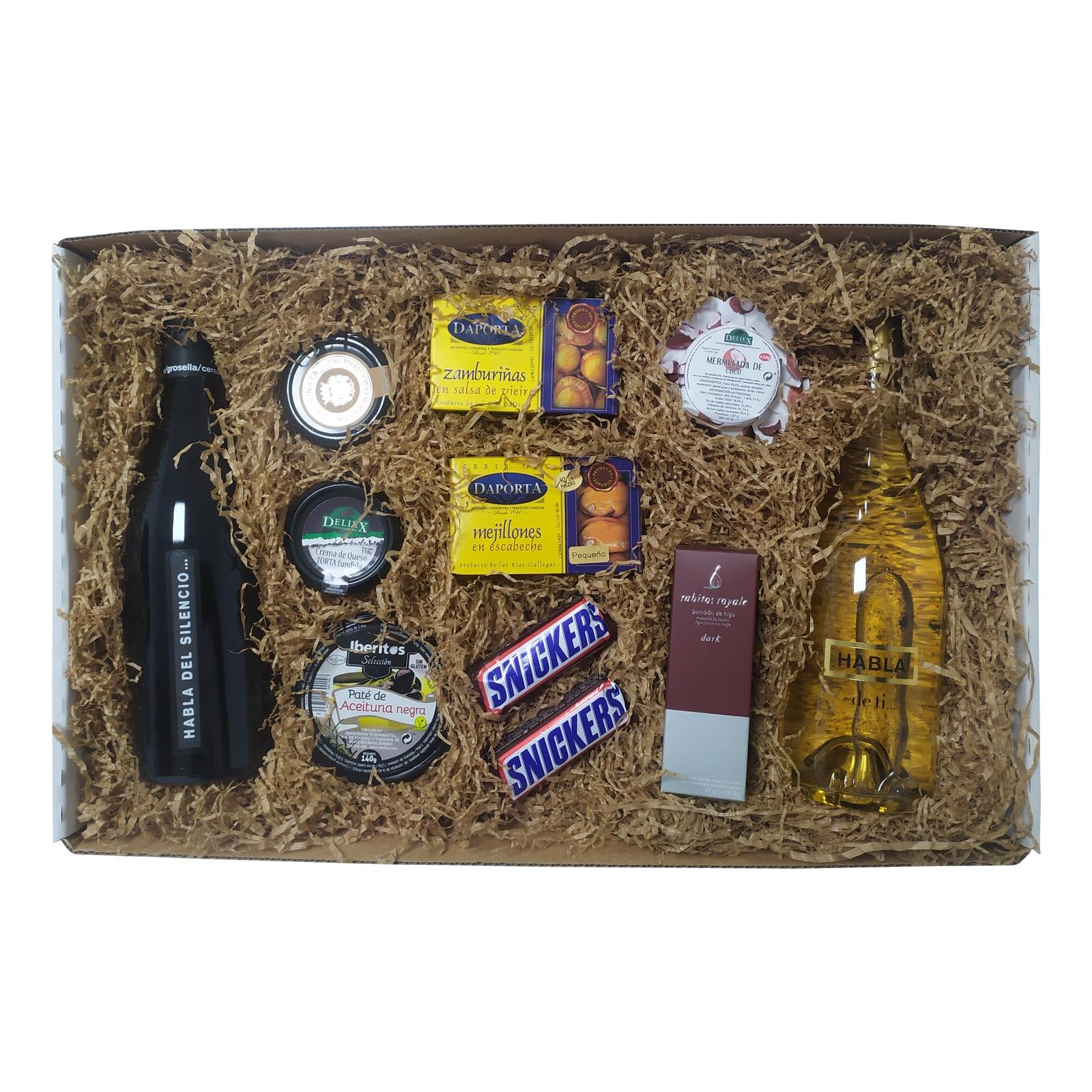 Selección gourmet en cesta de regalo para obsequios de cumpleaños o navidad con vinos, conservas, bombones, mermeladas, patés Un lote delicatessen y original