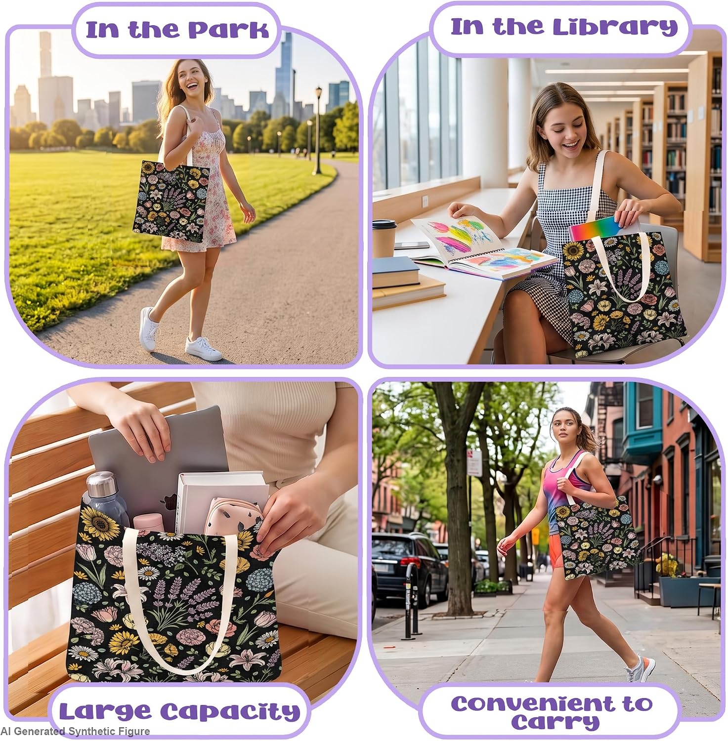 Coloring Canvas Tote Bag for Women, 16'' x 15'' (Flower)