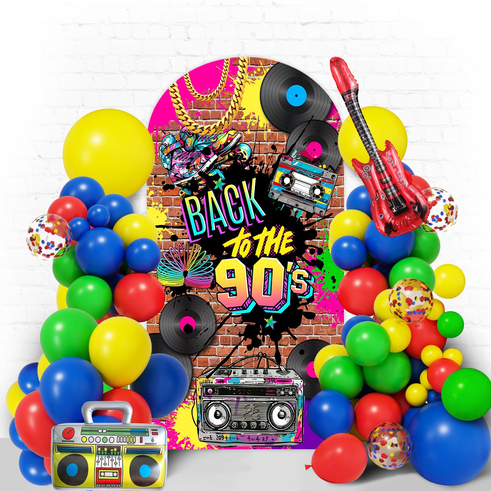 90'S Arch Backdrop Stand Cover 7.2ft Hip Hop Graffiti Brick Wall Retro Radio Fashion Birthday Photography Background Back to Party Arch Cover Fabric 2