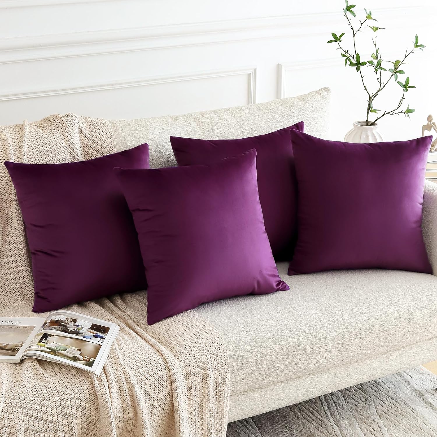 OTOSTAR Set of 4 Decorative Throw Pillow Covers Soft Velvet Solid Square Pillow Cases Luxury Cushion Covers Case for Sofa Car Patio Bedroom Living Room 24x24 Inch, Eggplant Purple