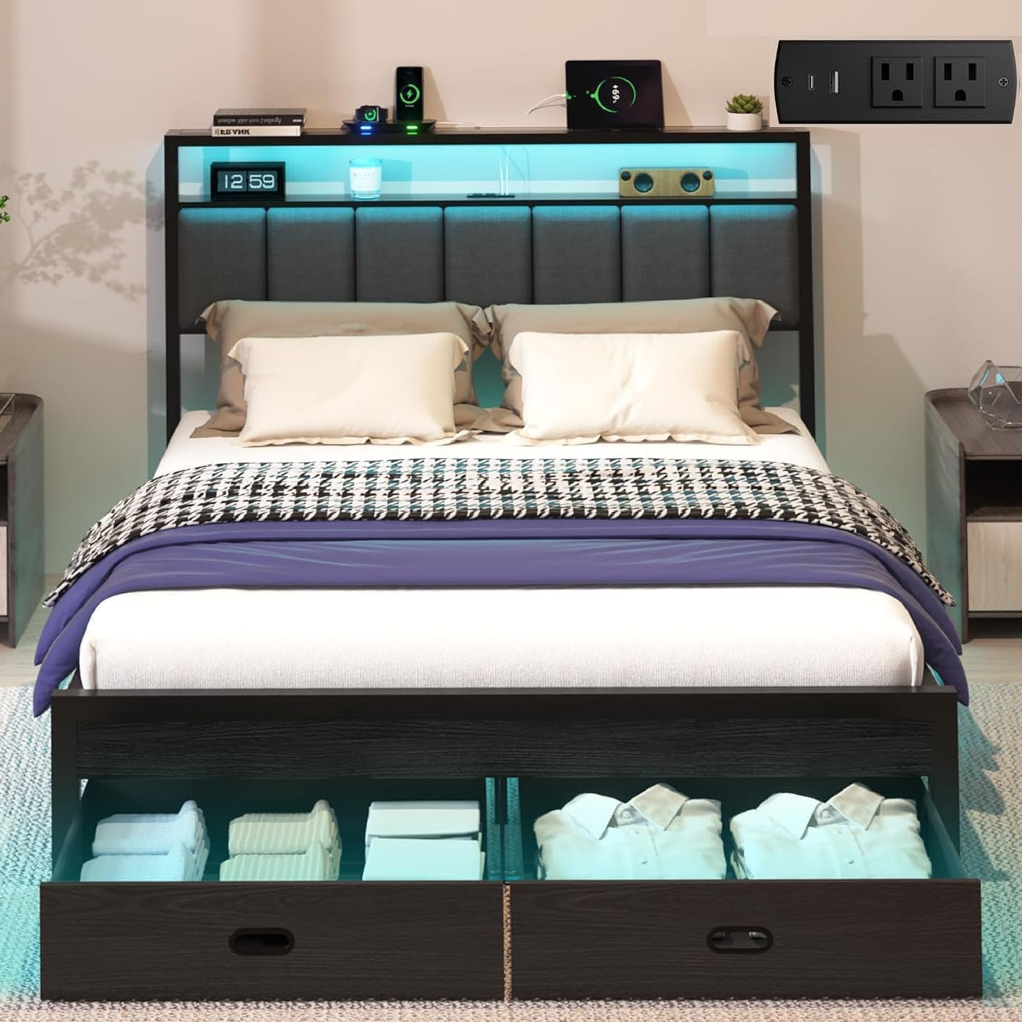 Aelawe Queen Bed Frame with Storage Drawer, Charging Station and LED Lights