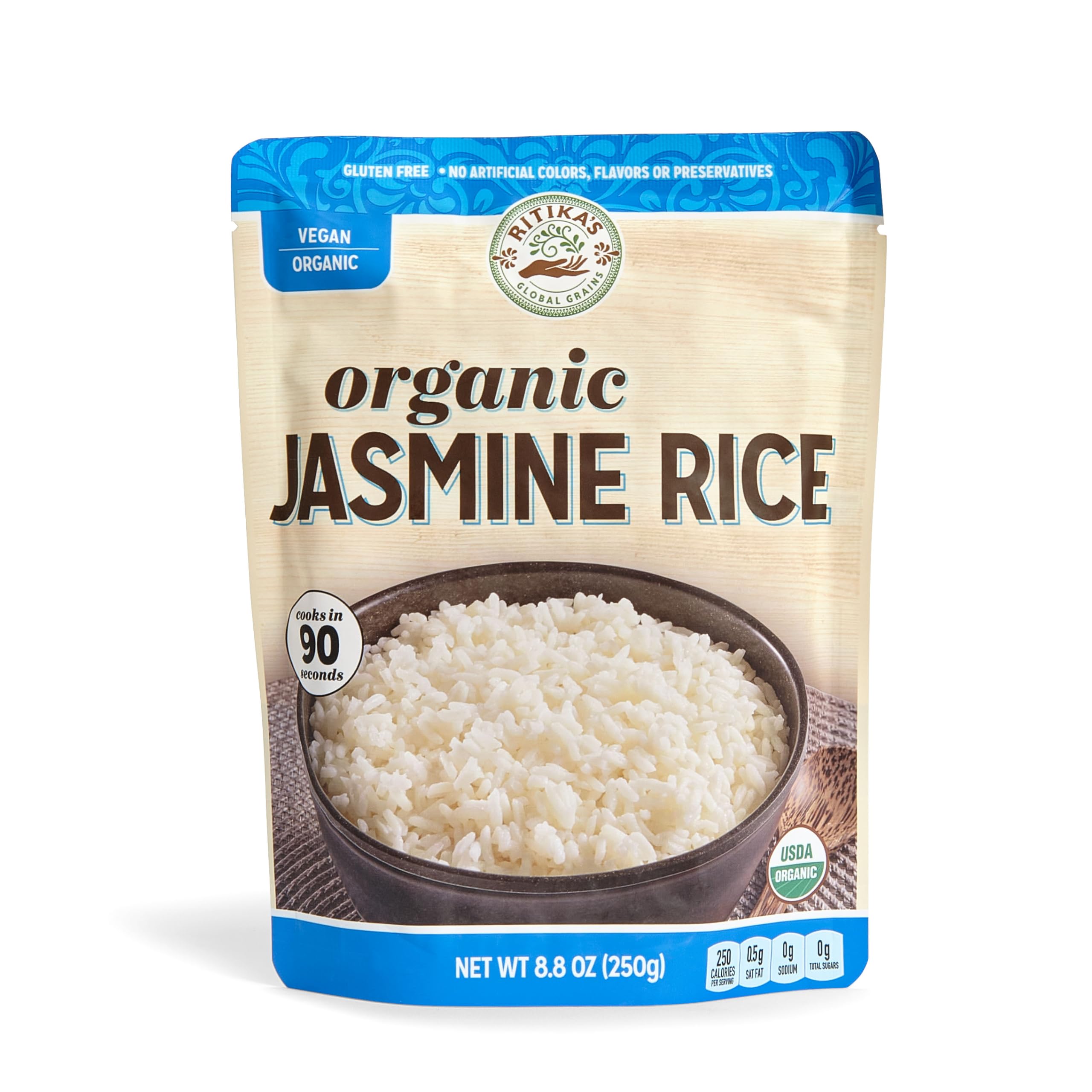 Ritika’s Global Grains Certified Organic Jasmine Rice, Ready in 90 Seconds, 8.8 oz Pouches (6-Count Pack)