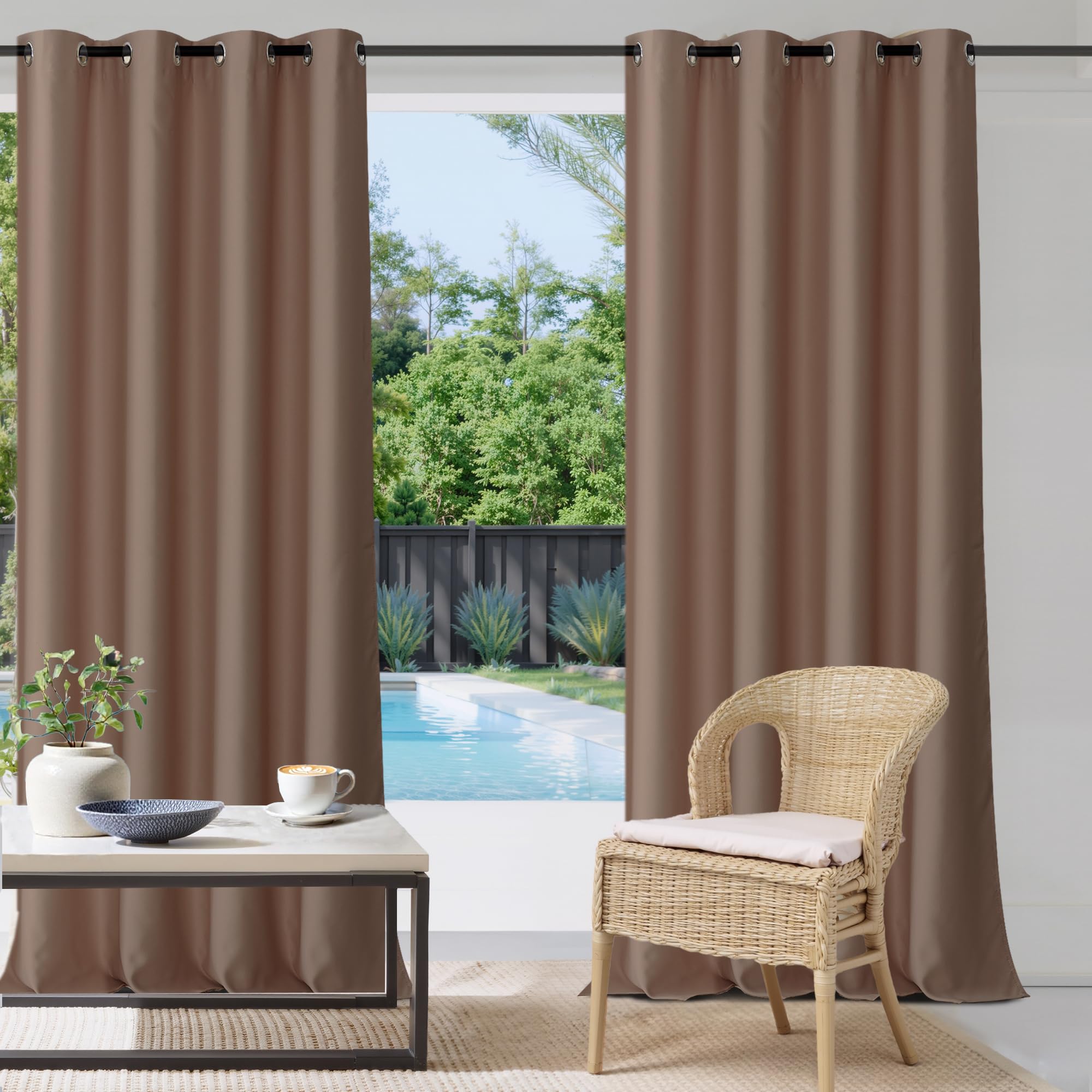 StangH Light Protection Indoor Outdoor Drapes Privacy Enhancing Energy Smart Waterproof Windproof Fade Resistant Grommet Curtains for Deck/Balcony/Gazebo, Mocha, 52 x 108 Inch, 1 Pc-image-22