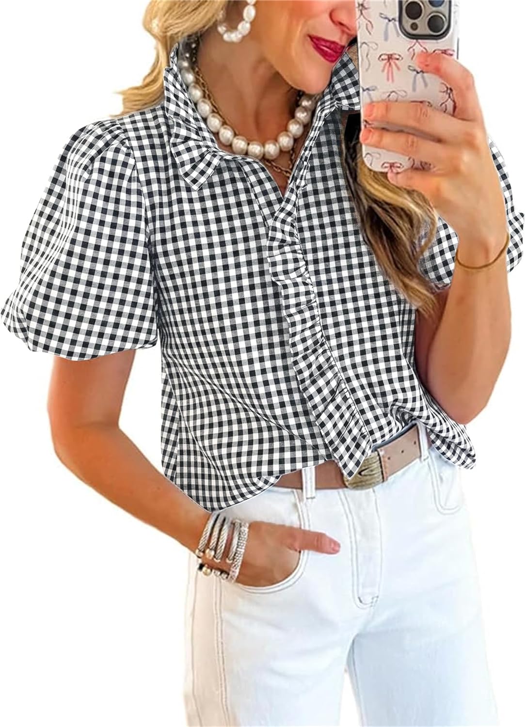 ETCYY Puff Sleeve Tops for Women Summer Striped Ruffle Tops Trendy Button Down Plaid Shirts Puffy Ruffle Collar Blouse