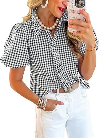 ETCYY Puff Sleeve Tops for Women Summer Striped Ruffle Tops Trendy Button Down Plaid Shirts Puffy Ruffle Collar Blouse