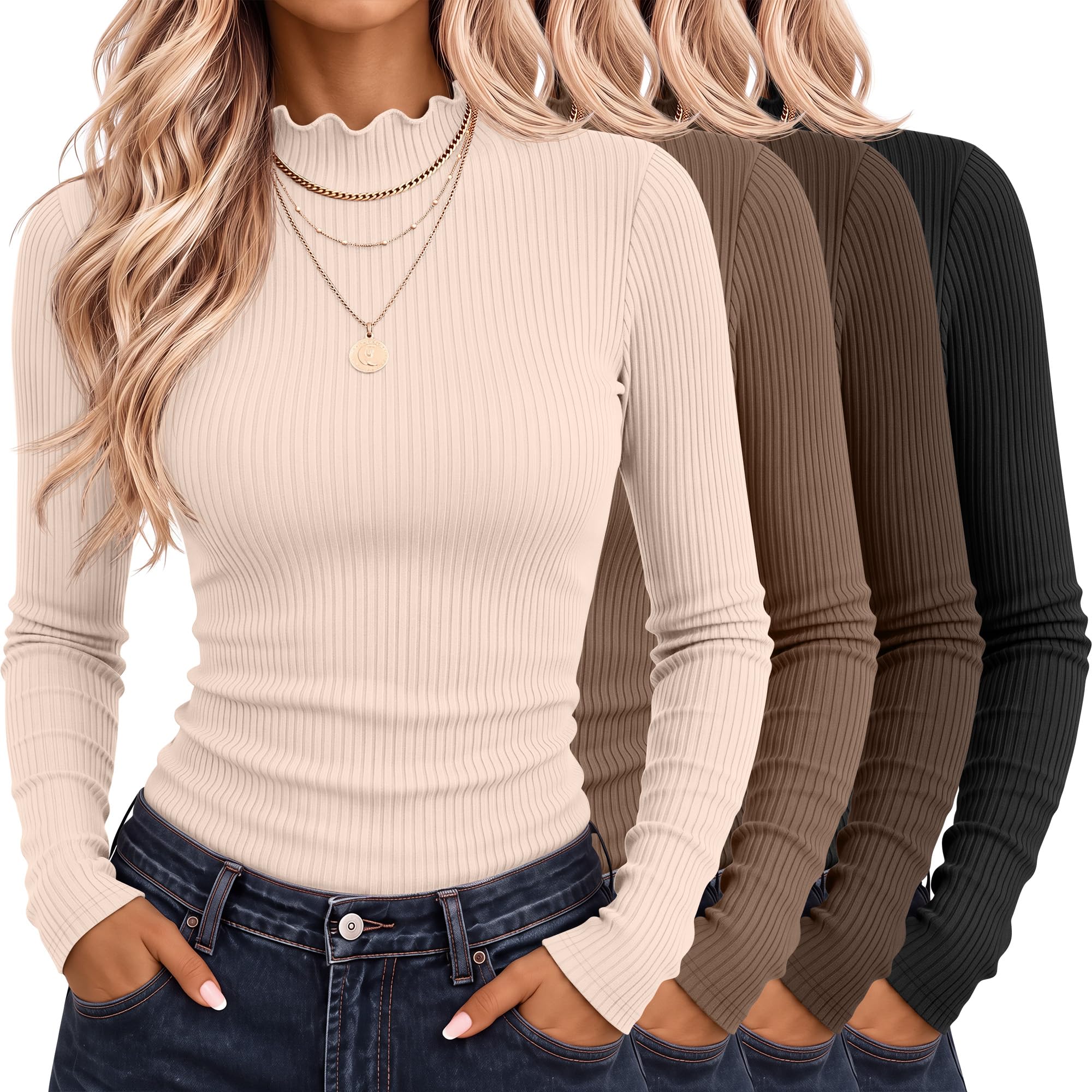 Riyiper 4 Pack Womens Cotton Mockneck Ribbed Long Sleeve Tops