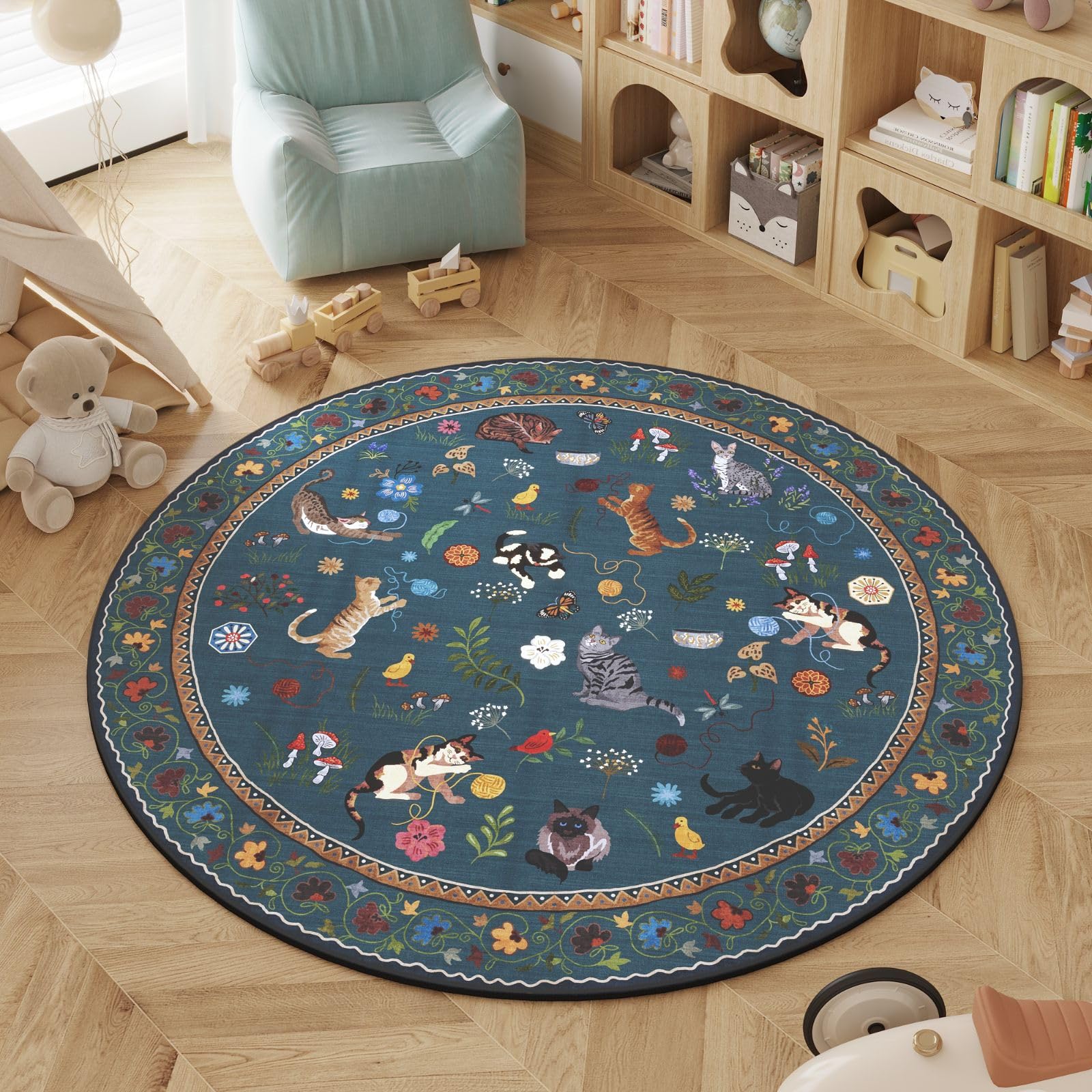 Rugcomf Round Rug 4ft Washable Circle Rug Non Slip Low Pile Boho Floral Animal Cat Small Circular Rug for Bedroom Bathroom Entryway Kids Room Office College Dorm, Pearl Gentian Blue