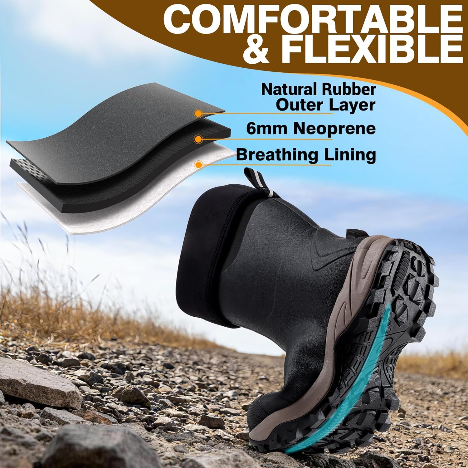 Rubber Boots for Women with Steel Shank, Waterproof 6mm Neoprene Rain Boots for Hunting, Outdoor Work