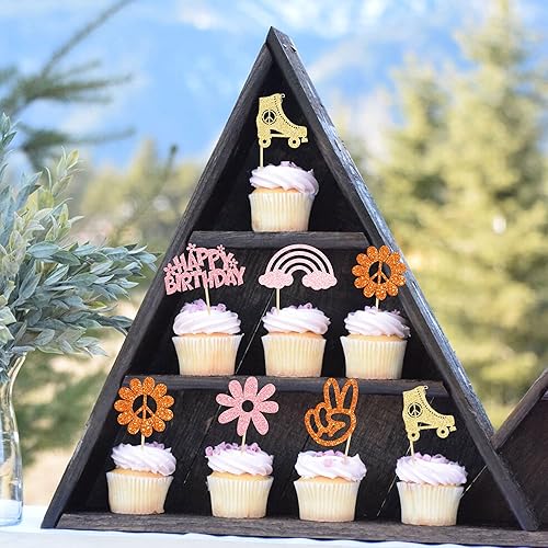 Miniatura 6 de Gyufise 24 piezas de decoración hippie para cupcakes con purpurina de los años 60, retro, bohemio, flor, sol, paz, mano, dos geniales selecciones de