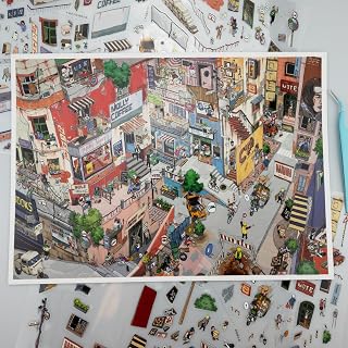Town Life 3D Stickers - Detailed Craft Kit for Adults, ASMR Therapeutic Art, DIY Miniature Town Decals, Advanced Set with Premium Glossy Stickers w/Tools & Shadow Card for Stress Relief Gift