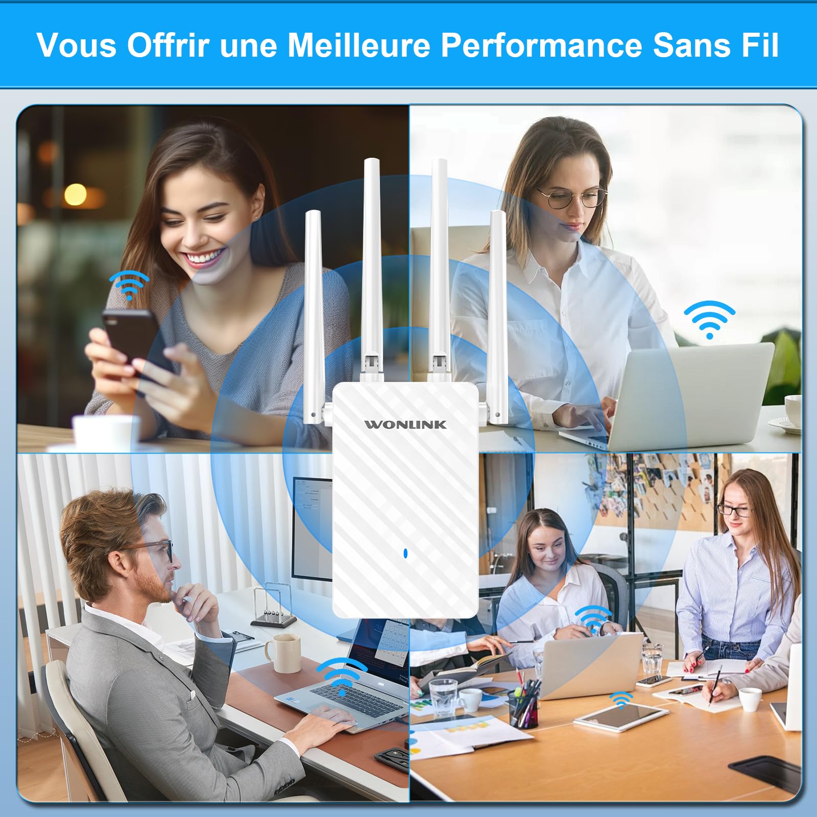 Répéteur WiFi Puissant AC1200 Mbps, Amplificateur WiFi Puissant Double Bande WiFi Extender avec 4 Antennes, Port Ethernet, Couvre jusqu'à 100 m², Compatible avec Toutes Les Box Internet