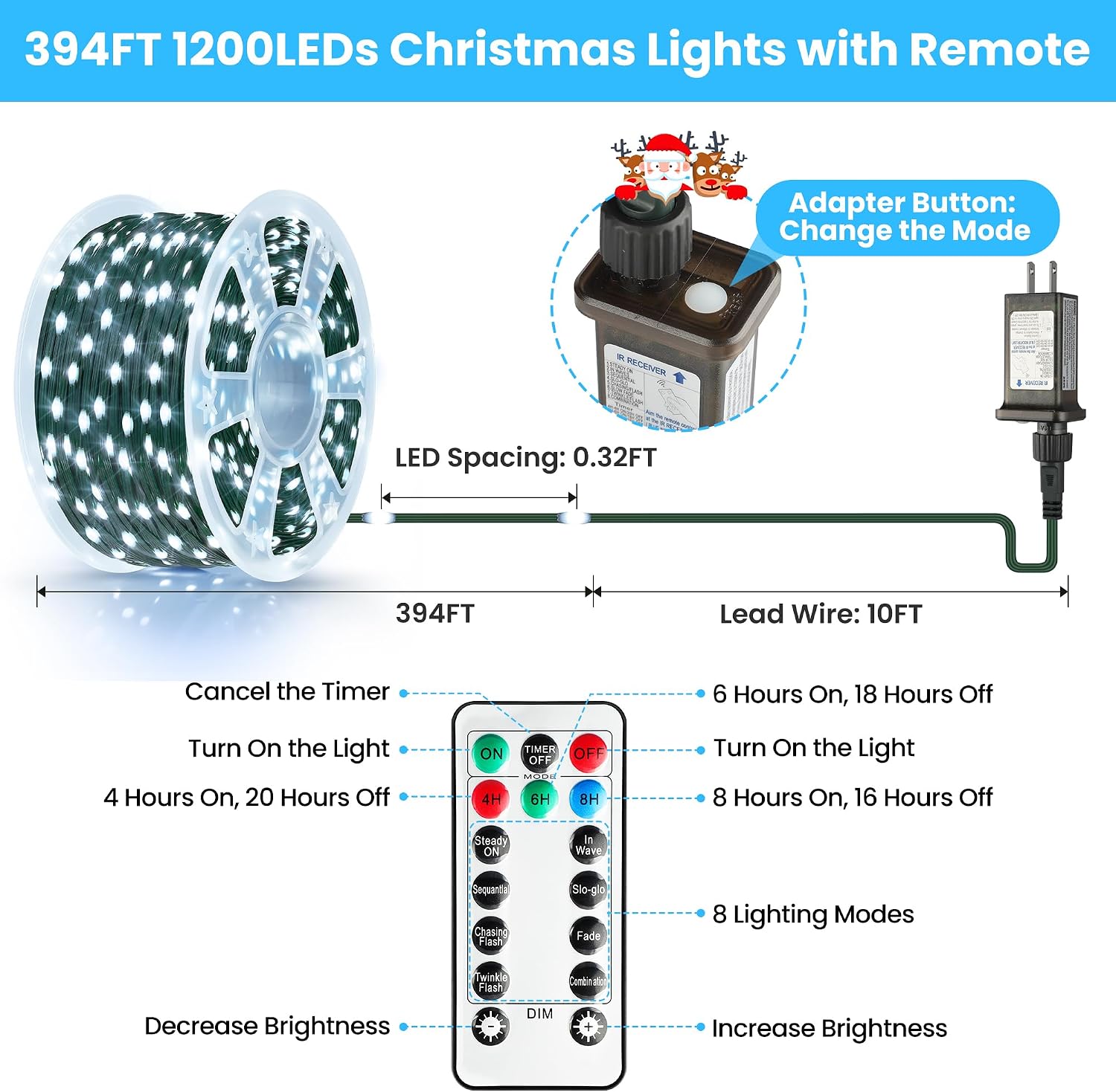 Larkvue 394FT 1200 LEDs String Lights with Remote, Waterproof Dimmable 8 Modes Timer & Memory Function Fairy Rope Light for Christmas Decor-Cool White