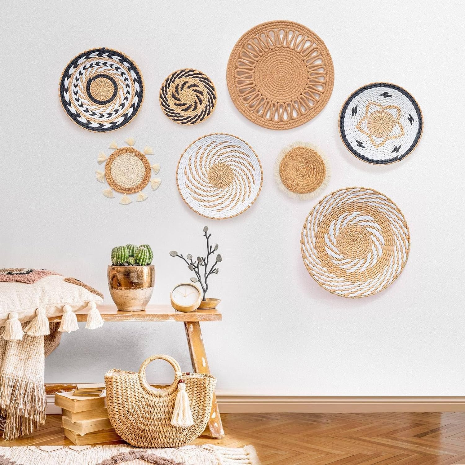 Confezione da 8 decorazioni da parete in stile boho, 35,5 cm, rotonde da appendere a mano, in rattan, per soggiorno, rustico, piatto, elegante, fattoria, camera da letto, tavolo, cucina e casa