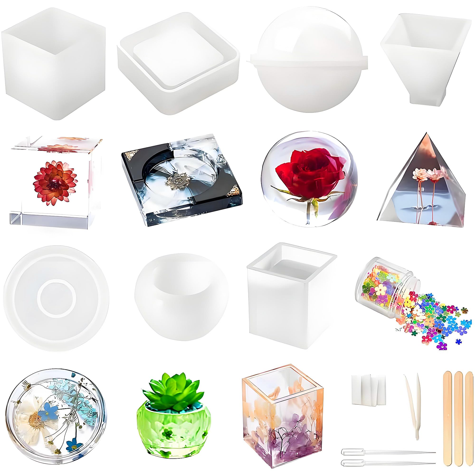 Resin Molds Silicone Kit 20Pcs,Epoxy Resin Molds Including Sphere,Cube,Pyramid,Square,Round, Used for Create Art,DIY,Coasters,Candles.Bonus Decorative Sequins and The Complete Set Tools