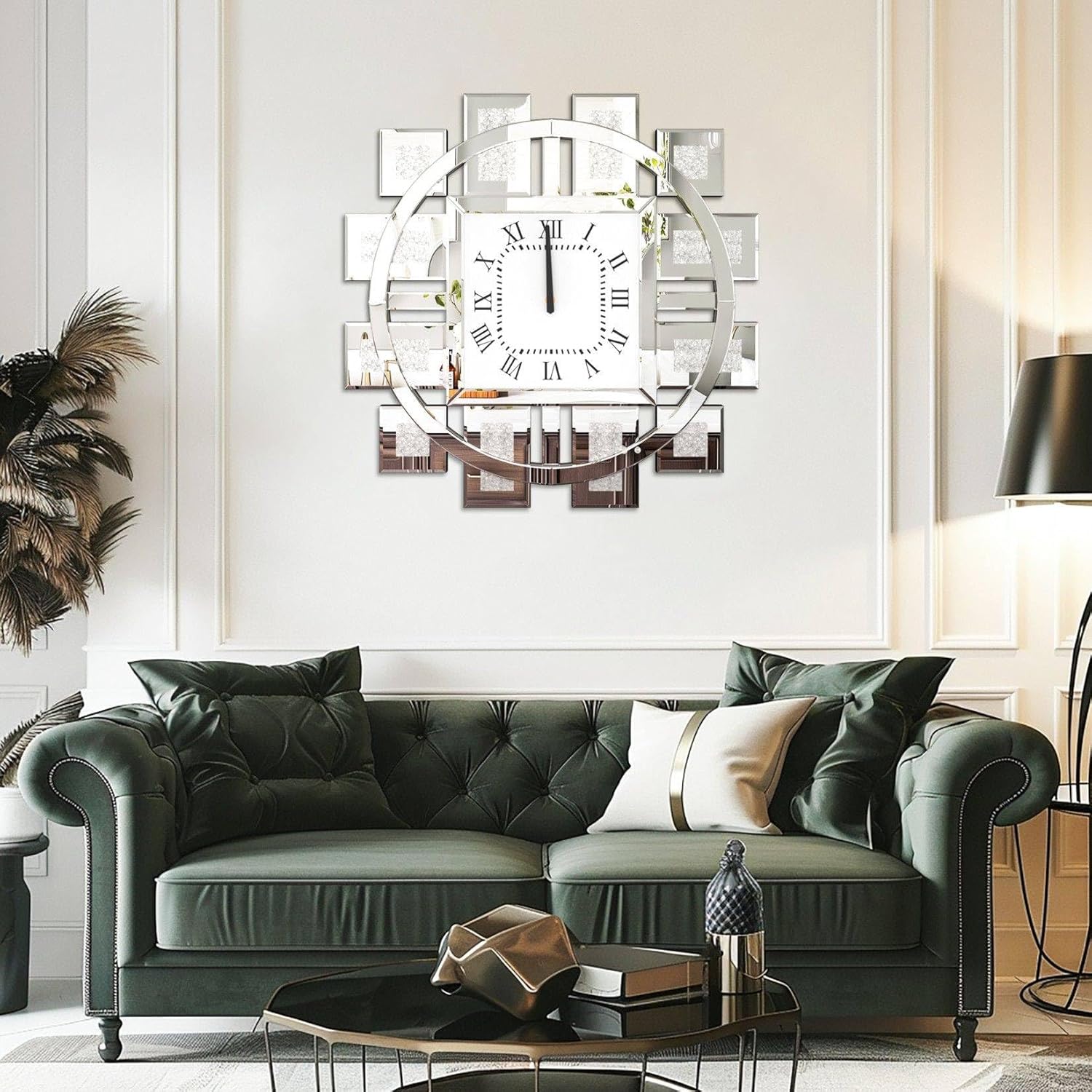 Round Mirrored Wall Clock Crush Diamond Mirror Decor 24 inch, Silver