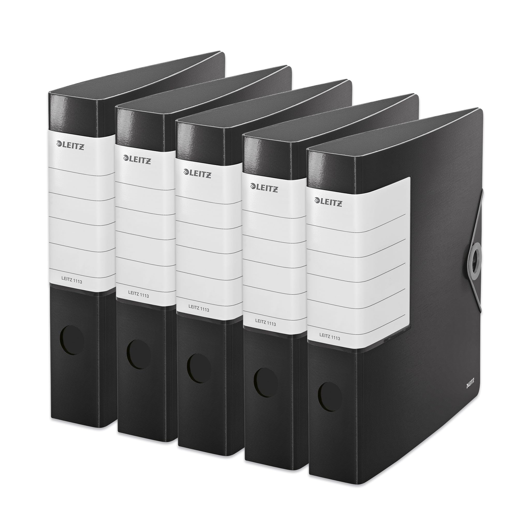 Leitz Qualitäts-Ordner 180° Solid, 5er Pack, A4, Schmal, Schwarz, 6,2 cm Rückenbreite, Gummibandverschluss, Robustes Polyfoam, extra breites, austauschbares Rückenschild, 11130095