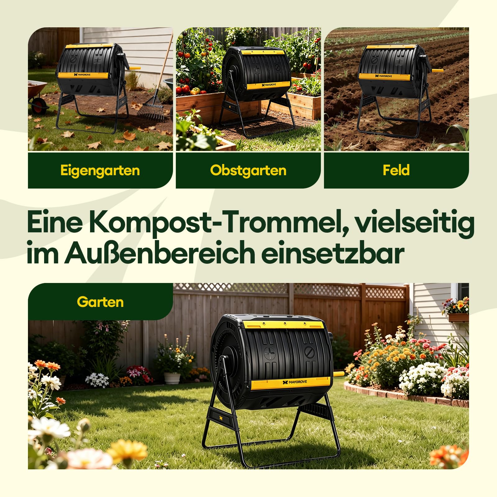 Maygrove Komposter Garten 200L Schnellkomposter mit 2 Großen Kammern und Schiebetüren Trommelkomposter 360°-Drehung mit Stabilem Stahlrahmen für Küchen- & Gartenabfälle