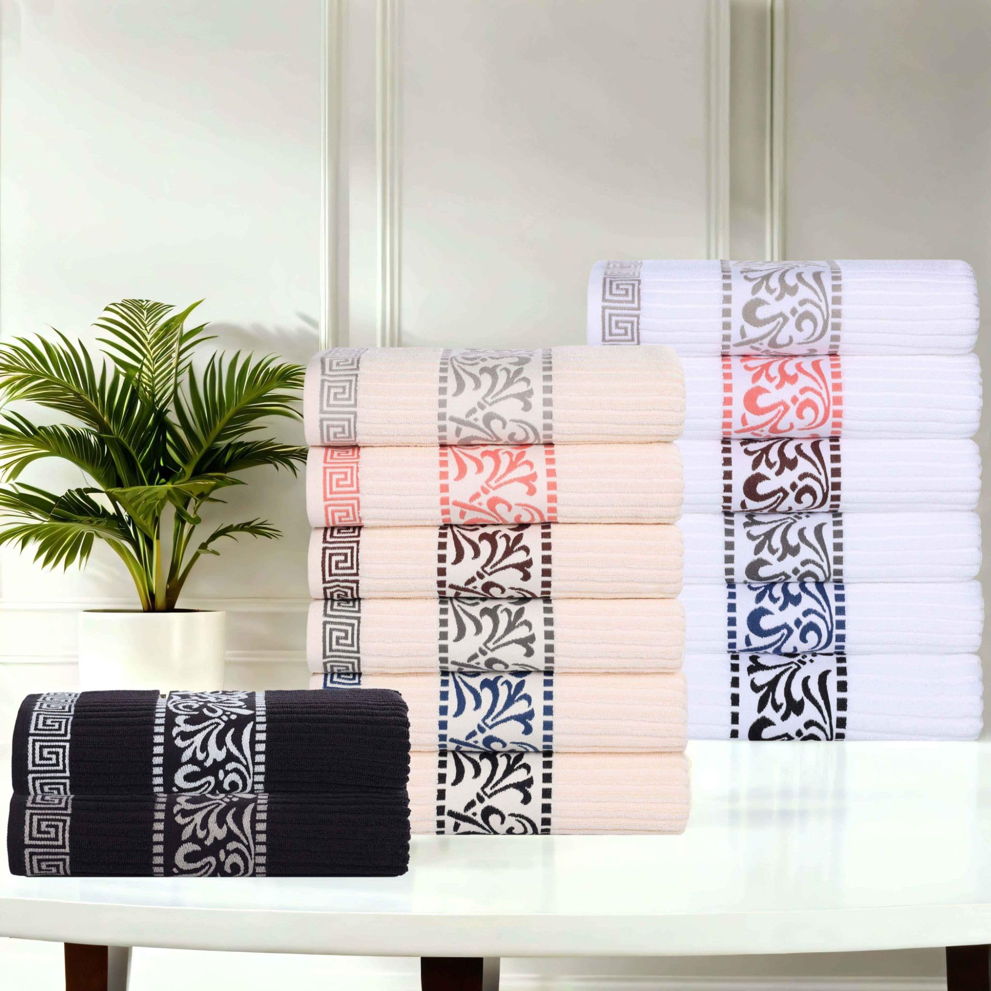Superior Greek Pattern Decorative 6-Piece Towel Set, Absorbent Premium Cotton, Decor for Bathroom, Spa, Includes 2 Hand, 2 Face, and 2 Bath Towels, Home Essentials, Athens Collection, Chocolate
