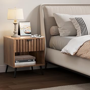 Nightstands, Walnut Fluted Night Stand, Mid Century Modern Nightstand, Bedside Table with Seamless Slatted Drawer, End Tables Bedroom with Metal Legs, Night Stand for Bedroom