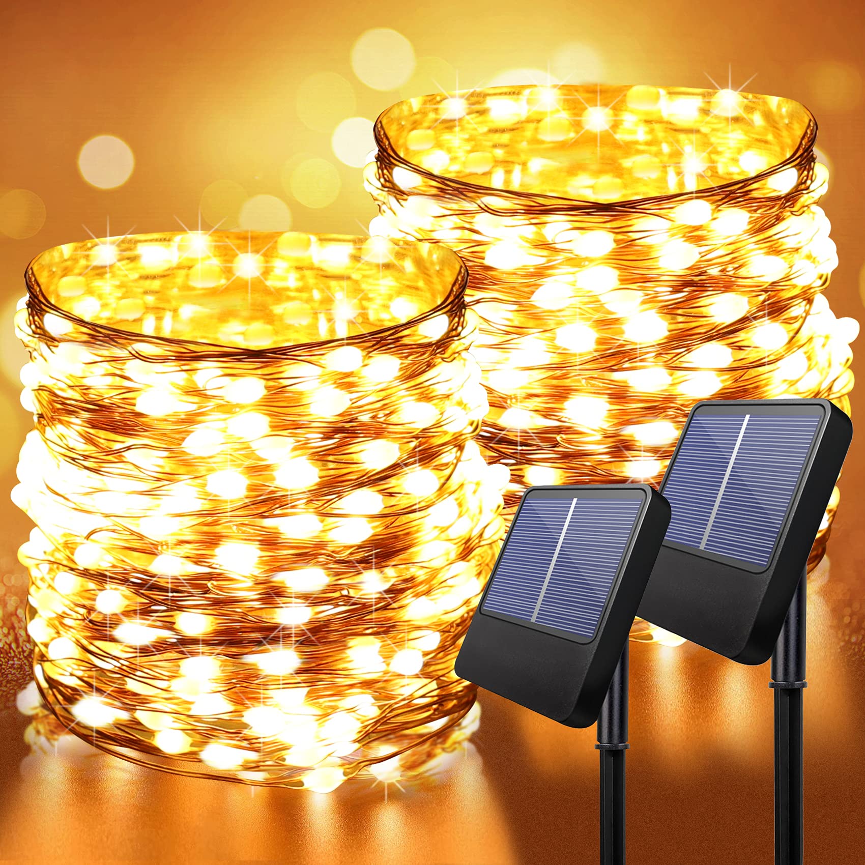 Anpro Solar String Light Outdoors - 2 Pack of 100 LED 10 Meters Warm White Outdoor String Lights with 8 Lighting Modes to Decorate Garden, Yard, Portch, Solar Powered IP65 Waterproof