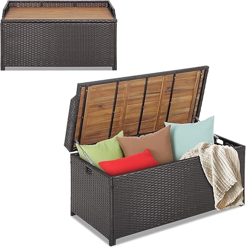 HAPPYGRILL Banco de almacenamiento para patio, caja de mimbre de ratán con asiento de madera de acacia, soporte de gas, forro de cremallera, asas,