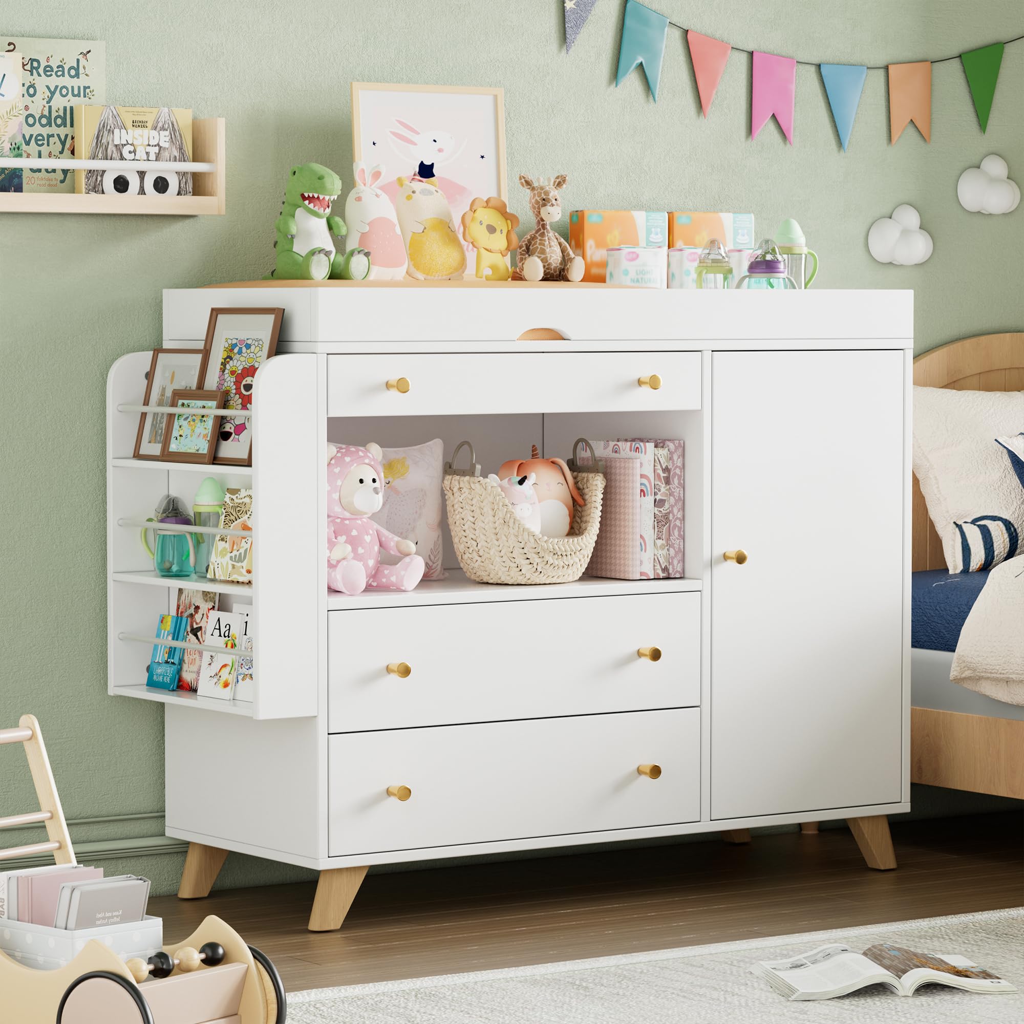 Treesunshine Baby Changing Table Dresser with 3 Drawers & Shelves, White