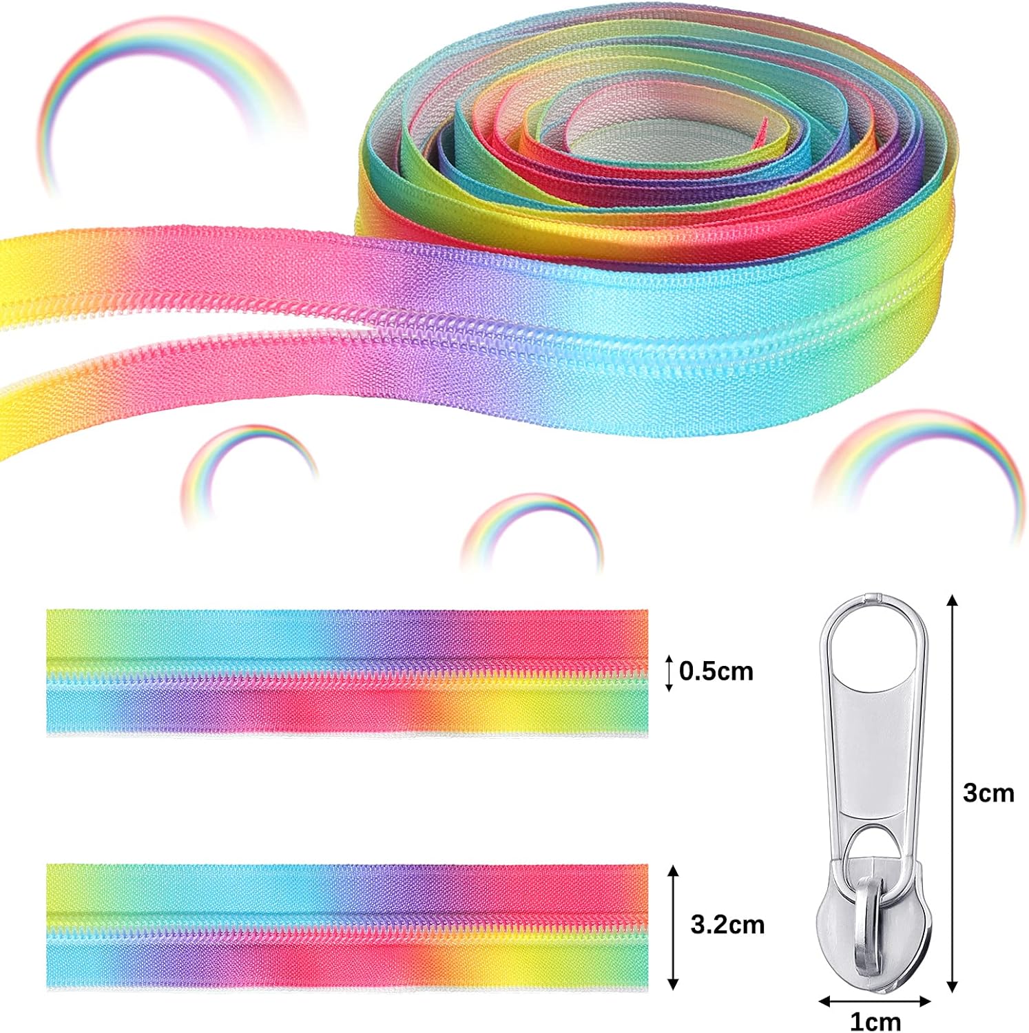 2 Rolls Number 5 10 Yards Nylon Coil Zippers and 20 Pieces Silver Zipper Pulls Rainbow Color Coil Zipper by The Yard Long Zippers Metal Zipper Sliders Zipper Pull Replacement for Tailor Sewing Crafts
