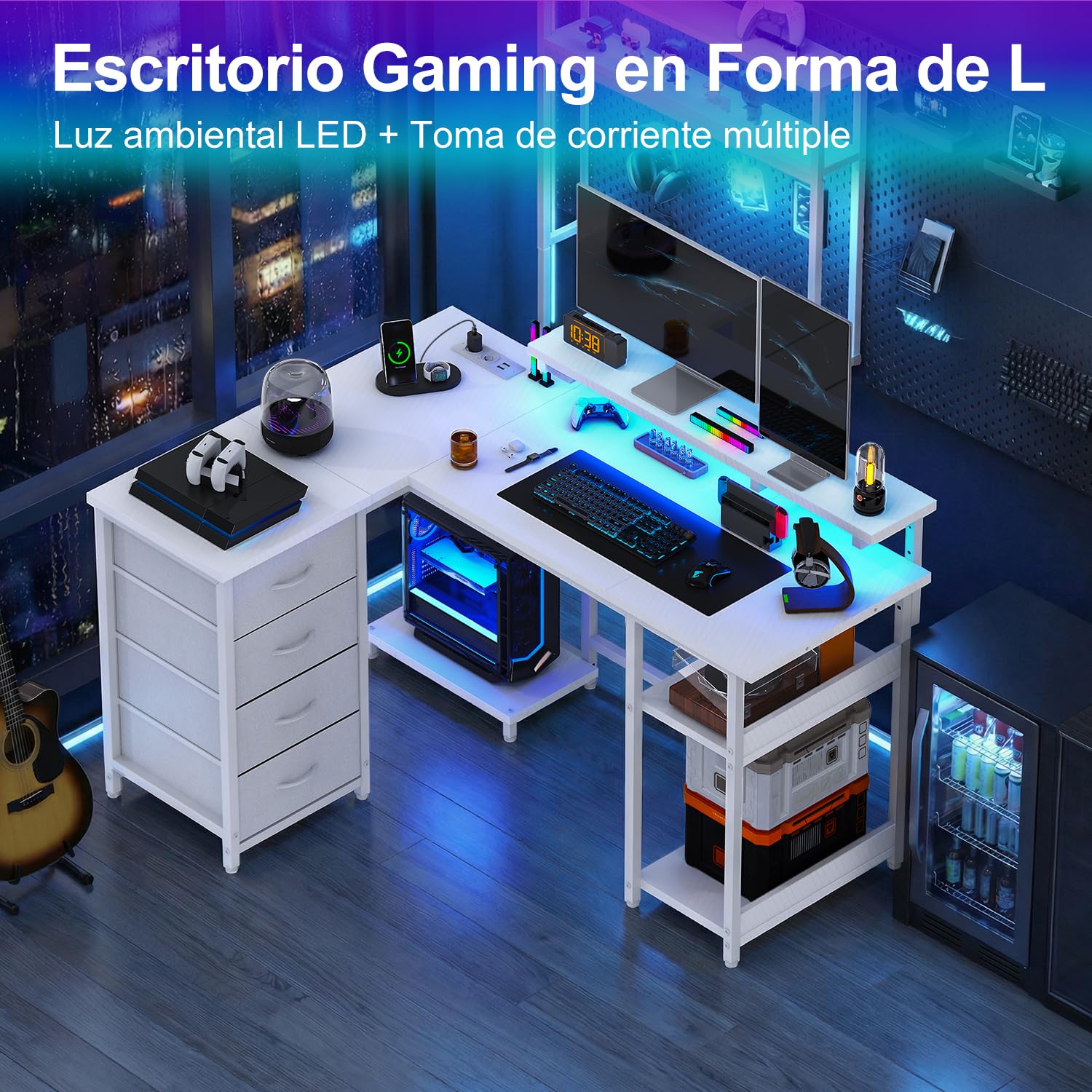 JUMMICO 135cm Mesa en Forma L con Luces LED, Escritorio de Esquina Ordenador para Home Office, Mesa Gaming con Estantes de Almacenamiento, Esquina Reversible y Estructura Estable, Blanco Carbón | Escritorio Gaming Tomas de Corriente y Puertos USB, Escrito