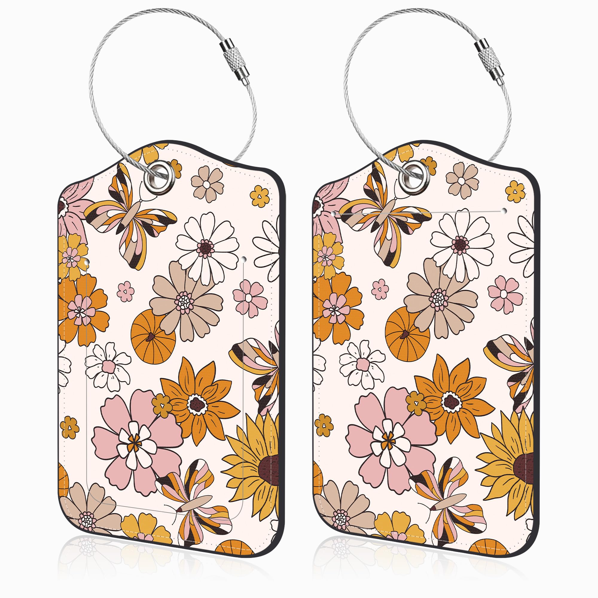 Mazumbuy 2 Pack Luggage Tags for Suitcases Retro Groovy Flowers and Butterfly Leather Luggage Tags Privacy Cover ID Label with Stainless Steel Loop