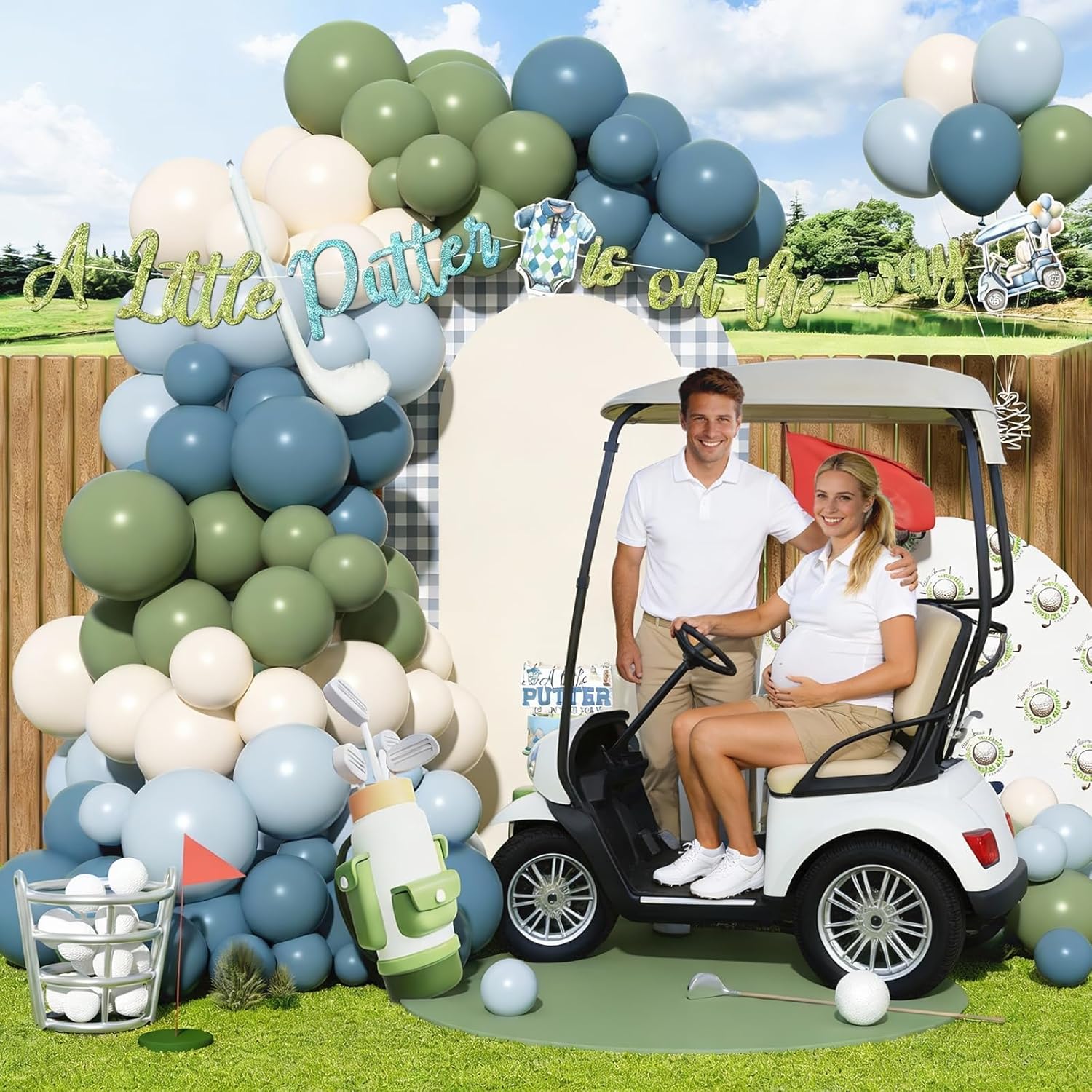Golf Baby Shower Decorations, 137 PCs Golf Themed Party Supplies a Little Putter Is on the Way Decor Set with Backdrop Balloon Banner Tablecloth Cake Cupcake Topper Box Sash Cutouts