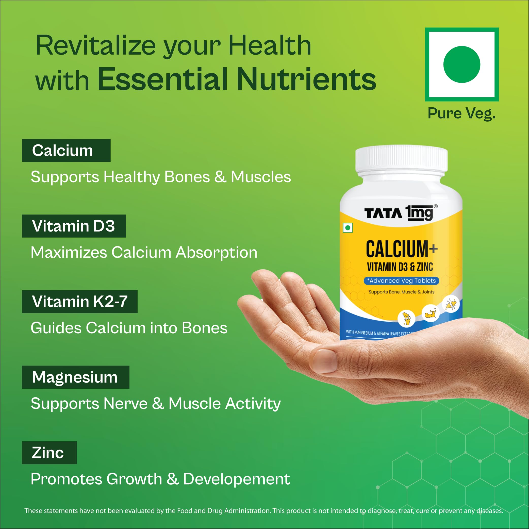 TATA 1mg Veg Calcium & Vitamin D3 supplement with Zinc, Magnesium & Alfalfa | High absorption Malate form | 500mg Calcium & 400IU Vitamin D3 | For strong bones & joints | 60 veg tablets 2