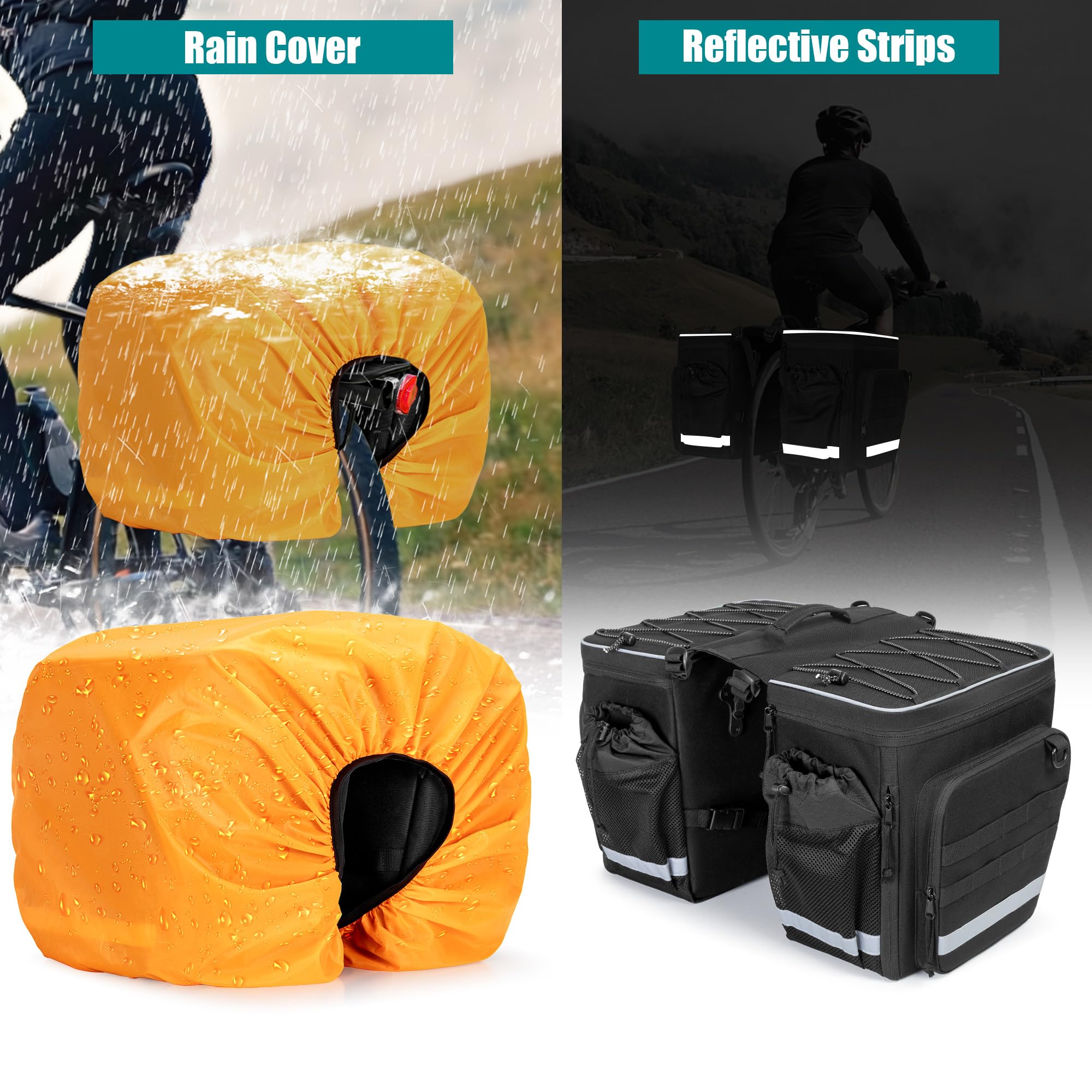 Marscamd Alforjas de bicicleta de 50 litros con cubierta para lluvia, bolsa para sillín de bicicleta con compartimento expandible y múltiples bolsillos, color negro