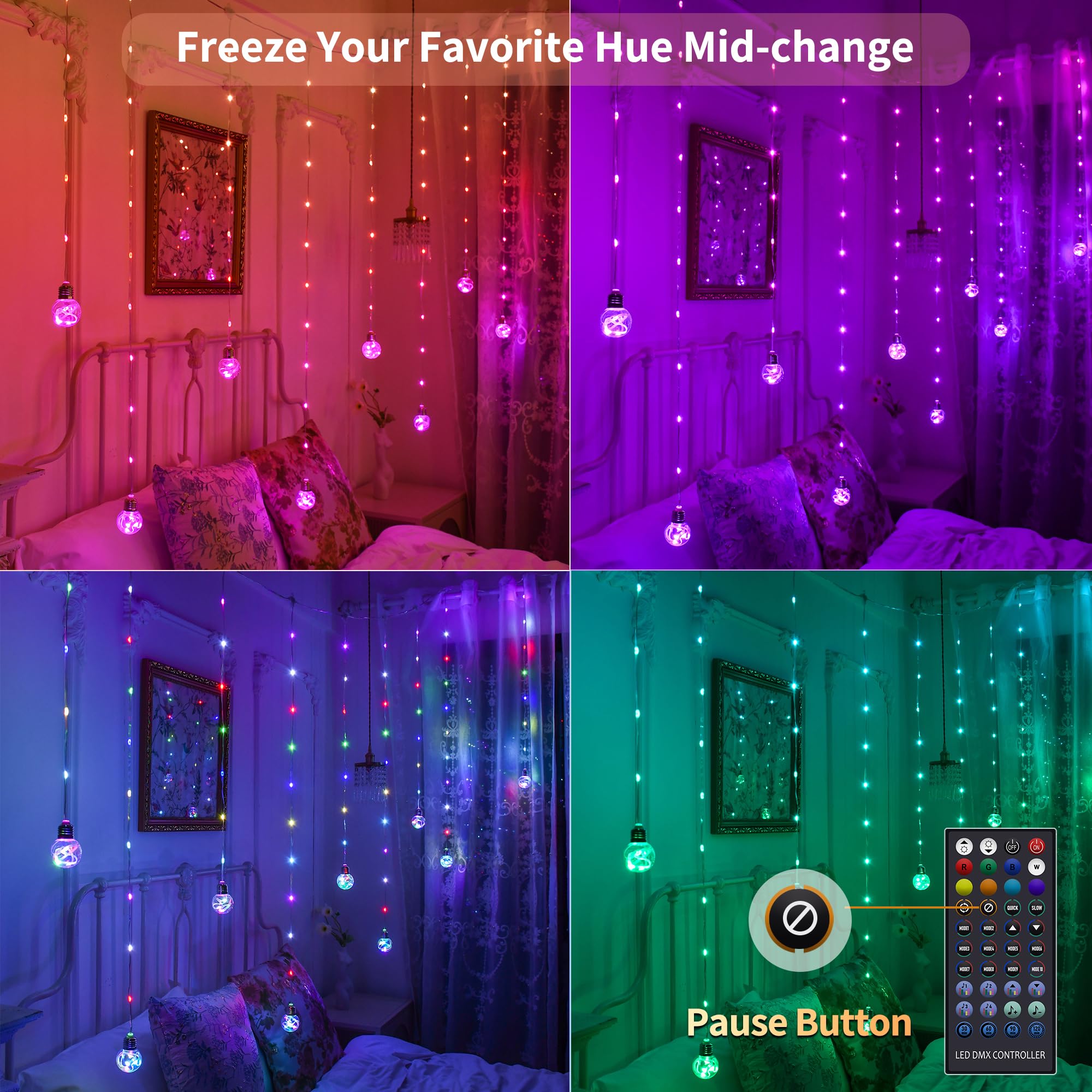 Rideau lumineux en forme de boule à souhaits changeant de couleur, 2,9 x 1,1 m RVB LED avec télécommande par application, synchronisation de la musique, toile de fond de fenêtre, lumières murales pour