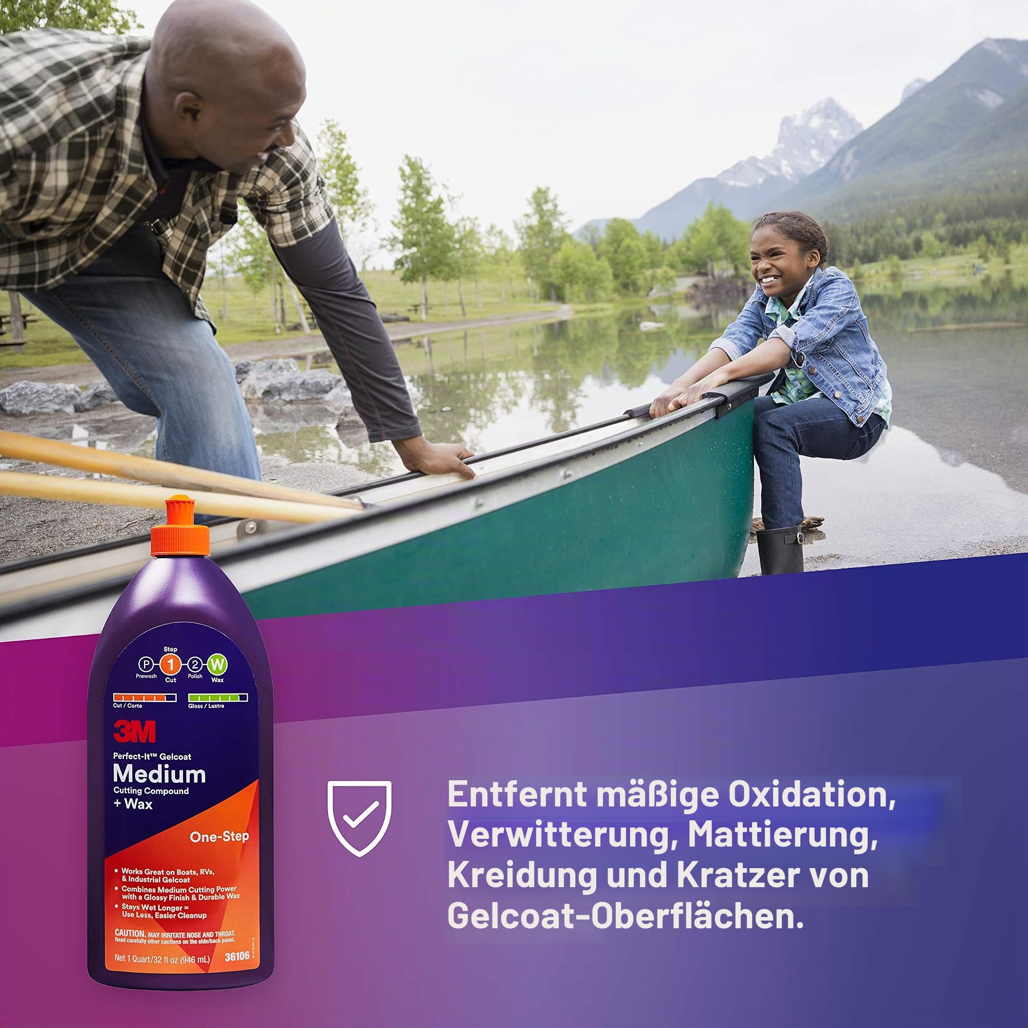 3M Perfect-It Gelcoat Medium Cutting Compound + Wachs, 36106, 1 Quart, One-Step Prozess, P1500 und feinere Kratzer, Fiberglas Oxidationsentferner für Boote und Wohnmobile