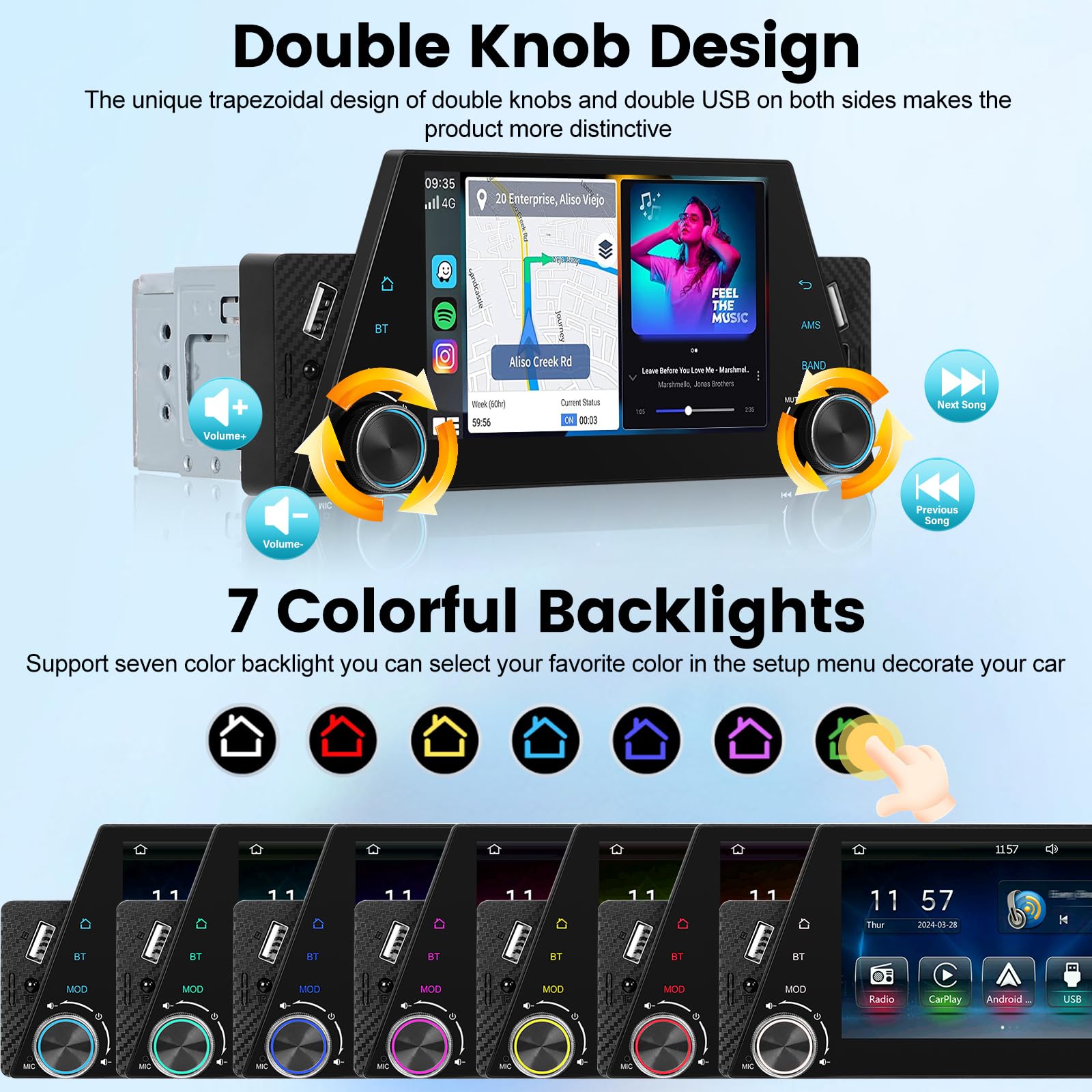 Autoradio 1 Din Con Schermo Touch, Wireless Carplay E Android Auto – Con Telecomando Al Volante, RetroCamera E Luci LED Colorate