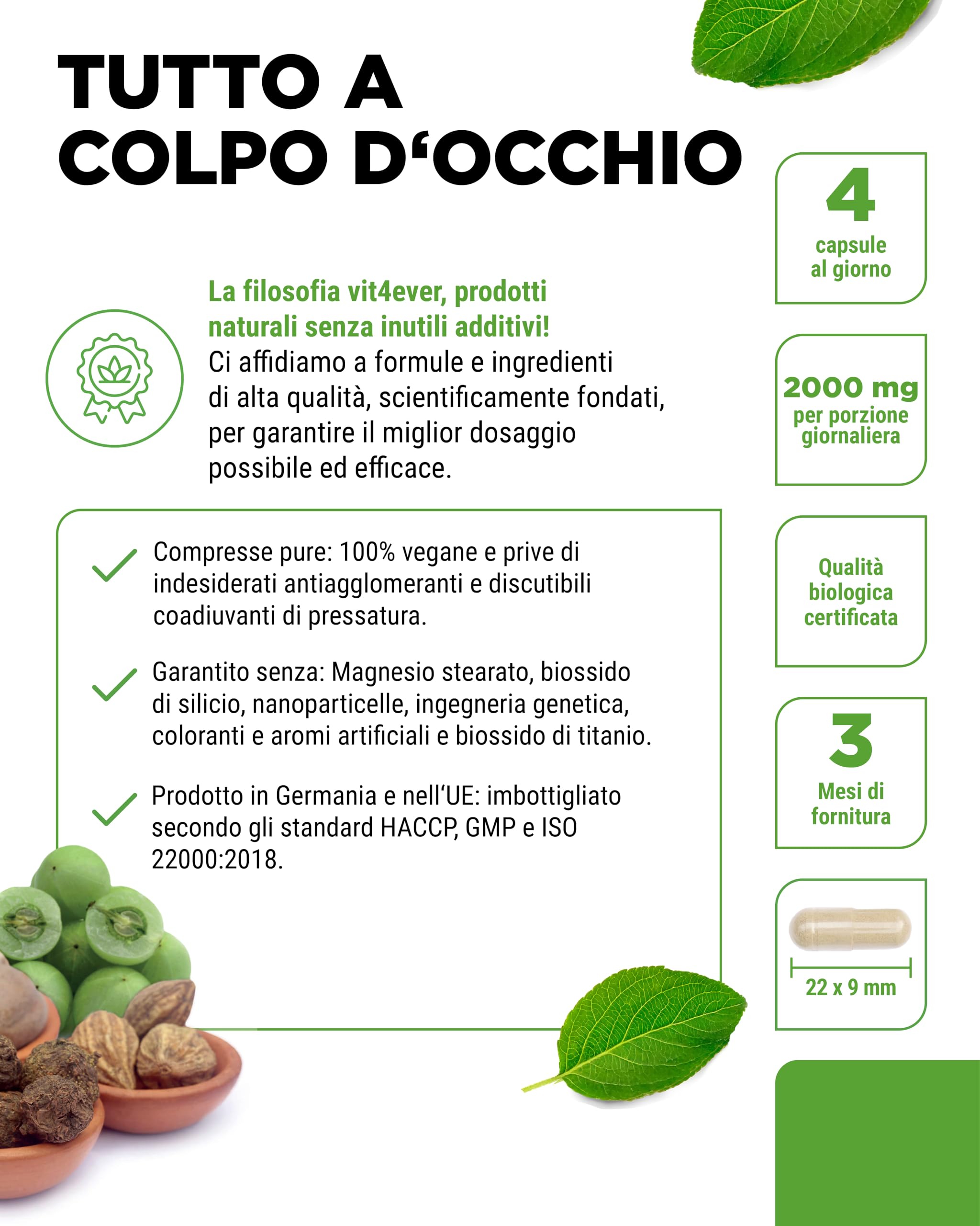 Triphala biologica - Alto dosaggio di 2000 mg (500 mg per capsula) - 365 capsule - Triphala in polvere dall'India: Haritaki, Amalaki, Bibhitaki - Senza additivi - Vegan