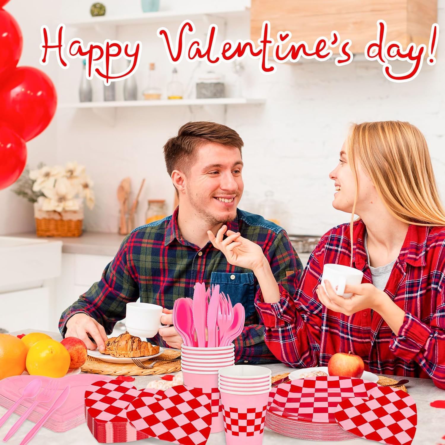 FYSUIMU 175 Pcs Valentine's Day Party Supplies Kit Tableware Set Red Pink Heart Shaped Plaid Disposable Dinnerware Paper Napkin Plate Cup Spoon Fork Knife for 25 Guest Wedding Party Favor