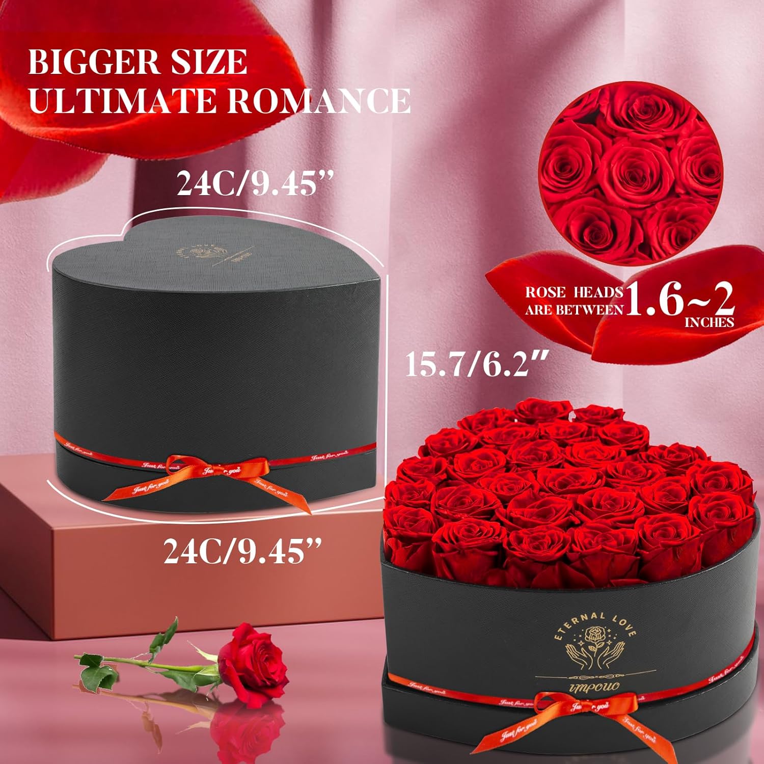 Impouo Preserved Rose in Heart Shape Box, 27 Forever Flowers, Eternal Roses, Birthday Gifts for Women, Wife, Her, Mother's Day -Red