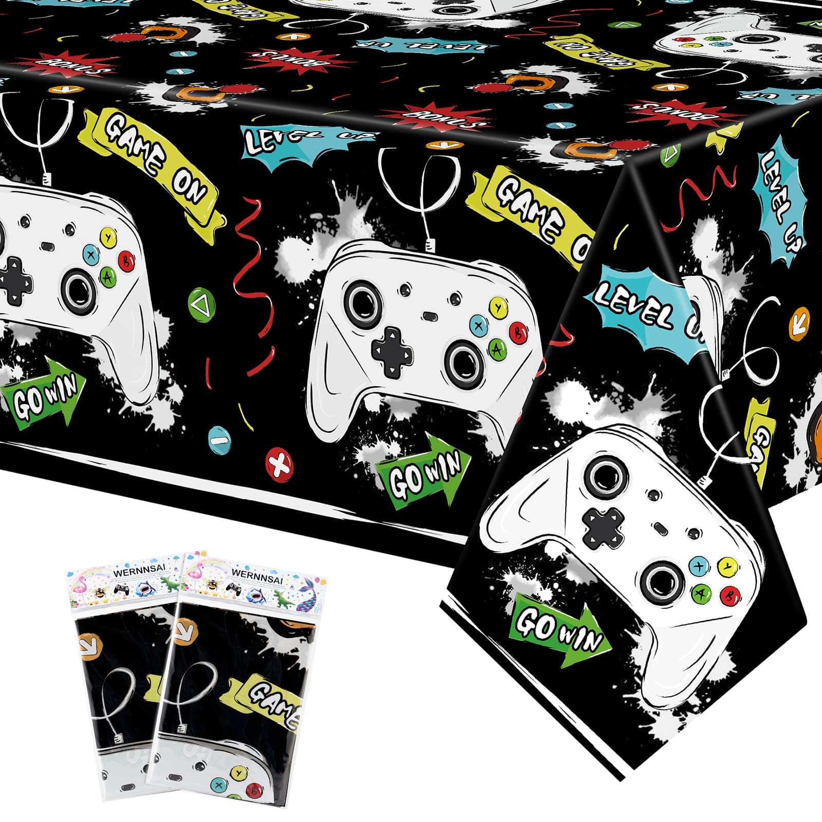 WERNNSAI 2 Pack Video Game Table Cloth - Gamer Birthday Decorations Gaming Table Cover Birthday Party Supplies for Gamer Gaming Night Party Favors 54'' x 108''